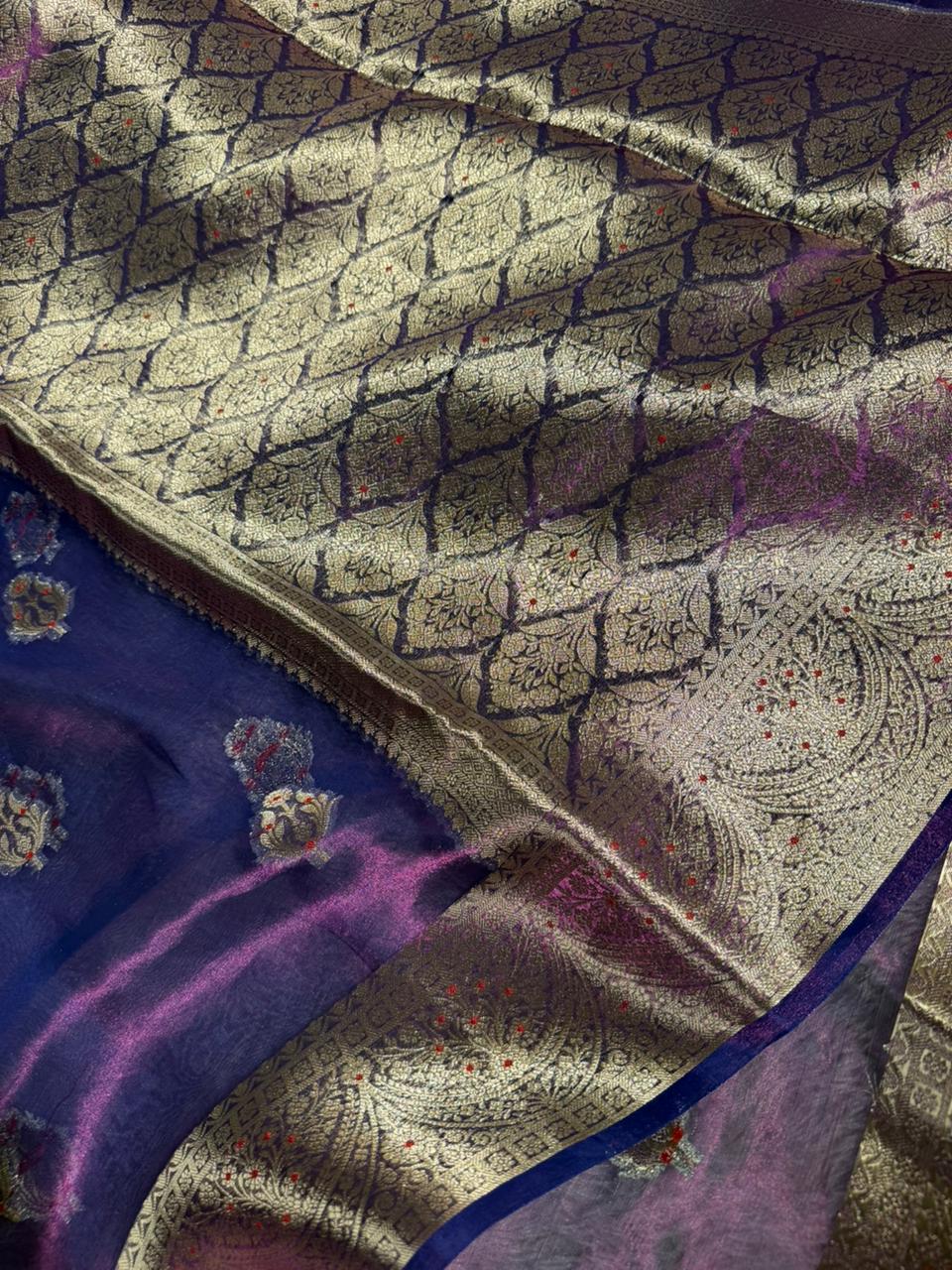 Eccentric Baigani shade pure tissue silk Banarasi saree
