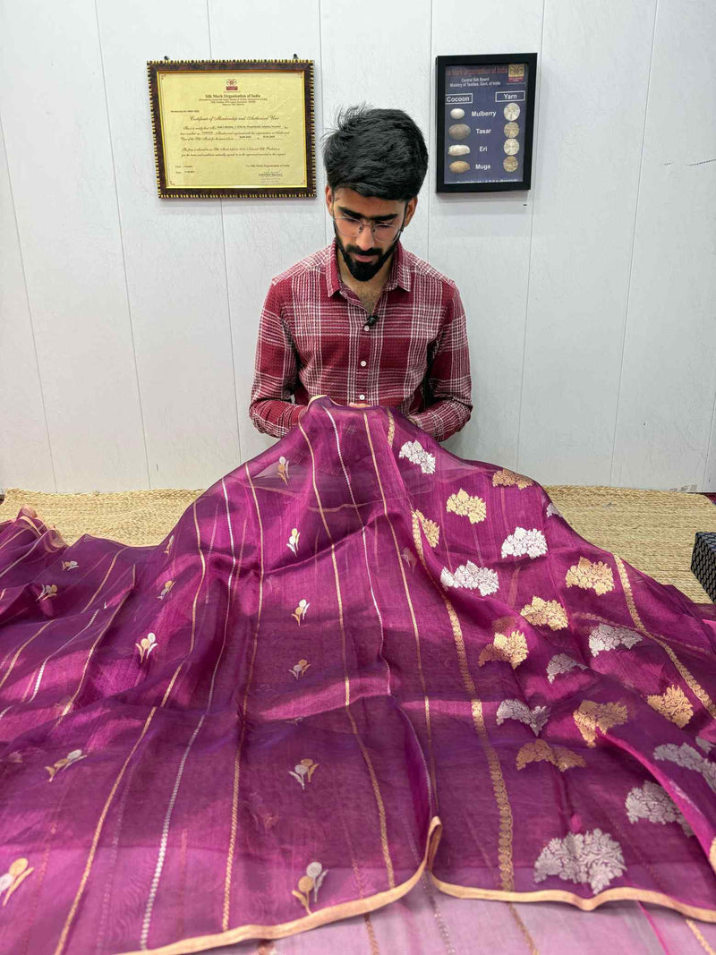 Electric Rani Pink Handwoven Pure Tissue Silk Banarasi Saree