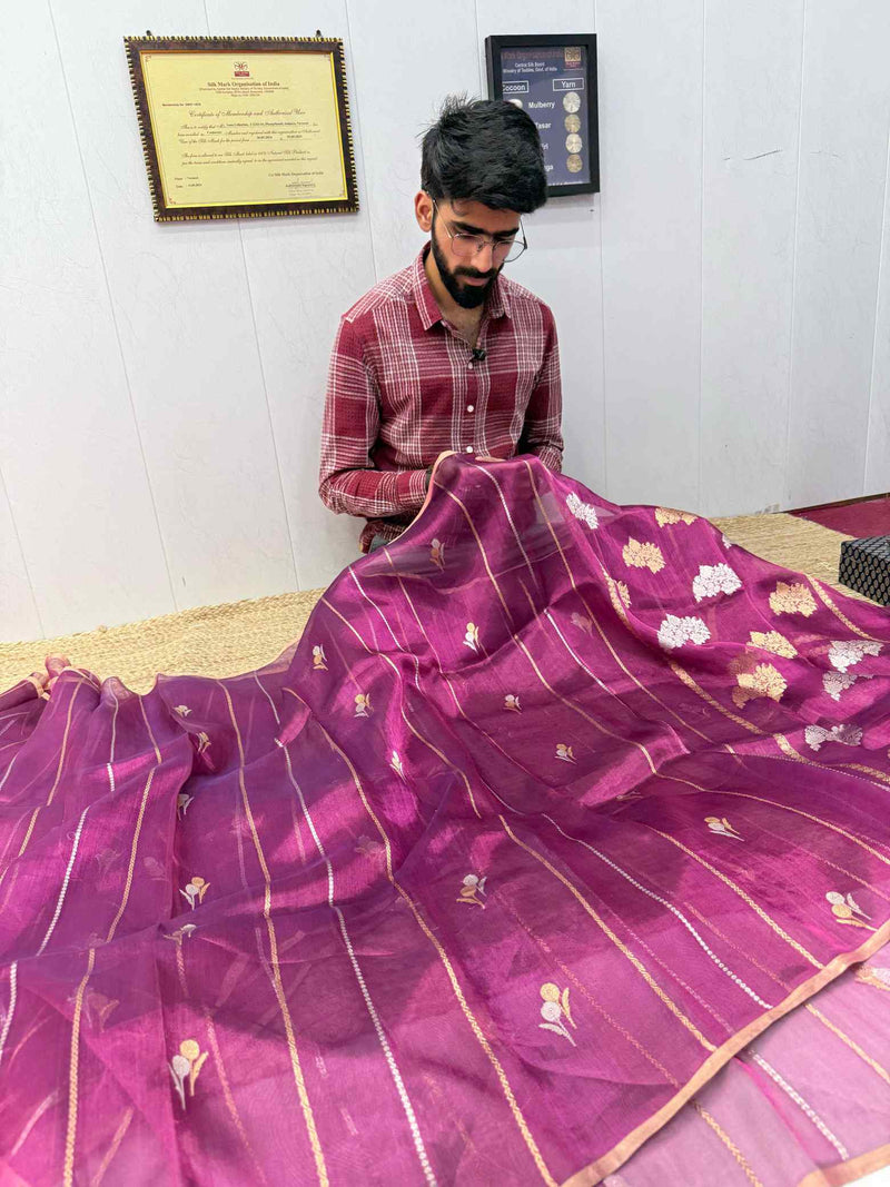 Electric Rani Pink Handwoven Pure Tissue Silk Banarasi Saree