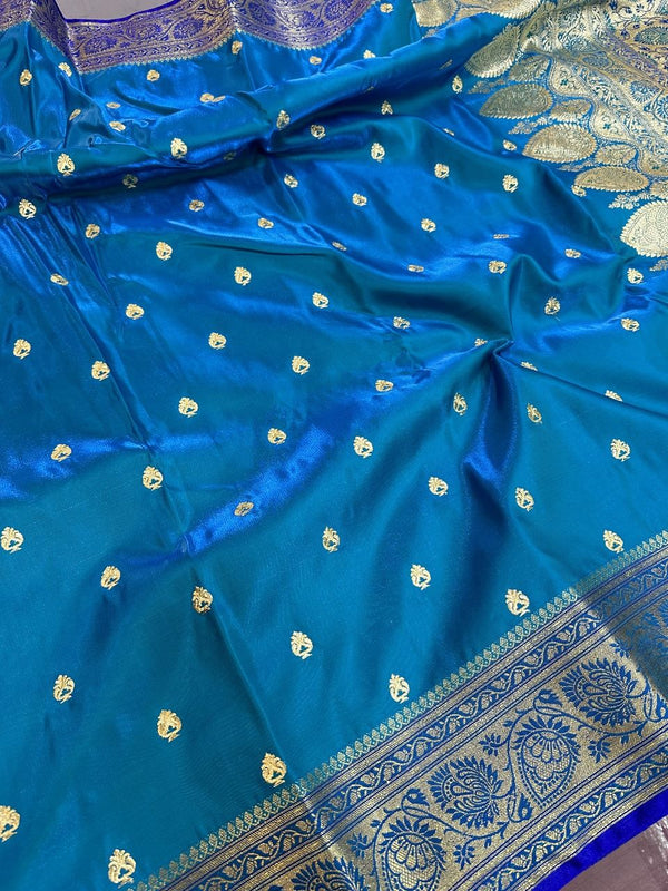 Electric Blue Satin Silk Embroidered Saree