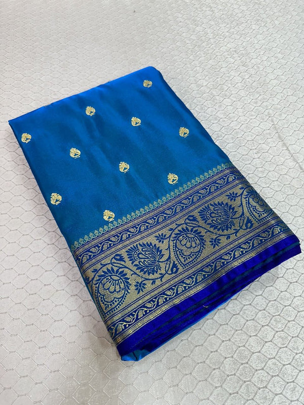 Electric Blue Satin Silk Embroidered Saree