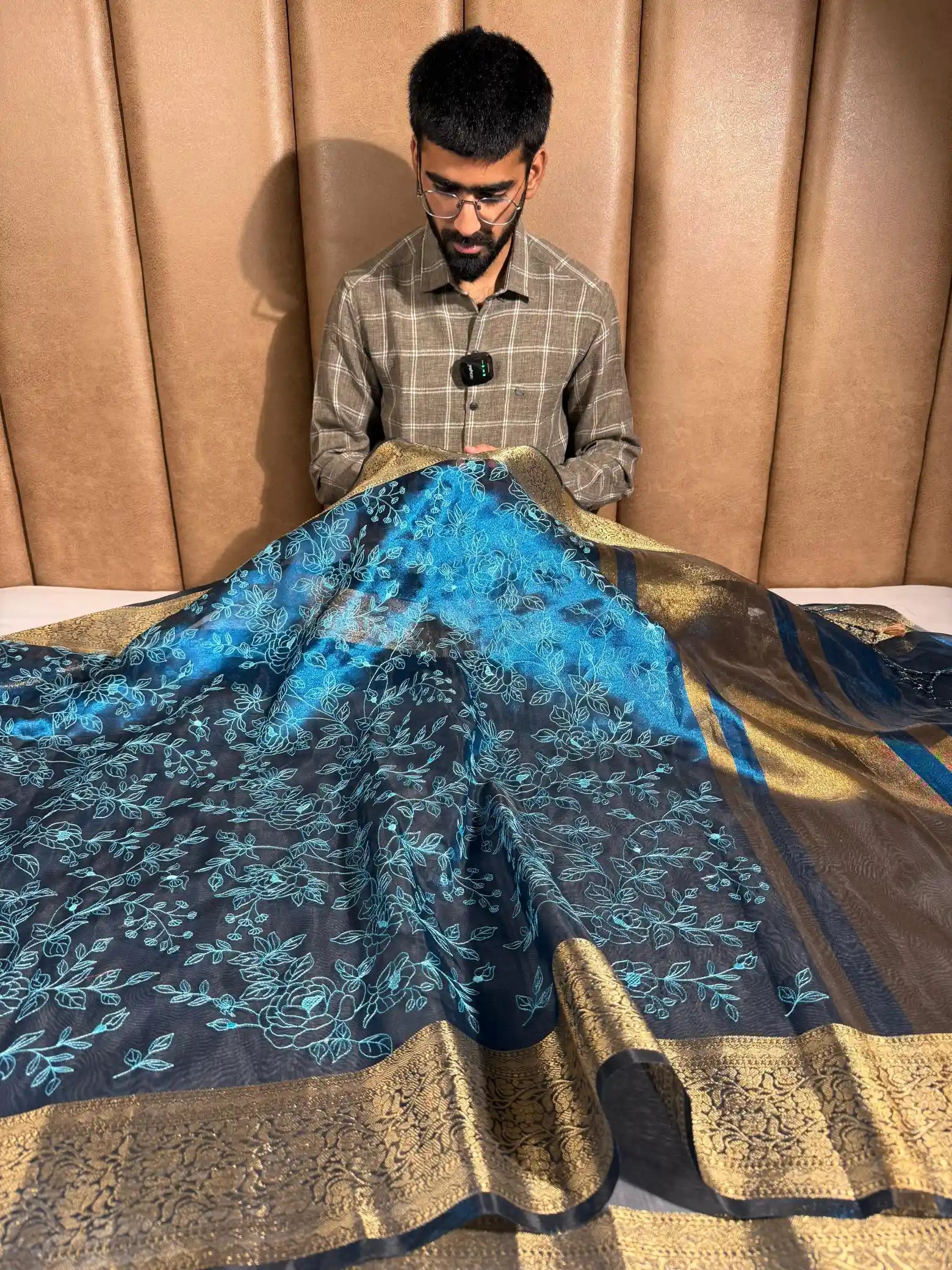 Emerald Blue Chikankari Embroidered Tissue Silk Banarasi Saree