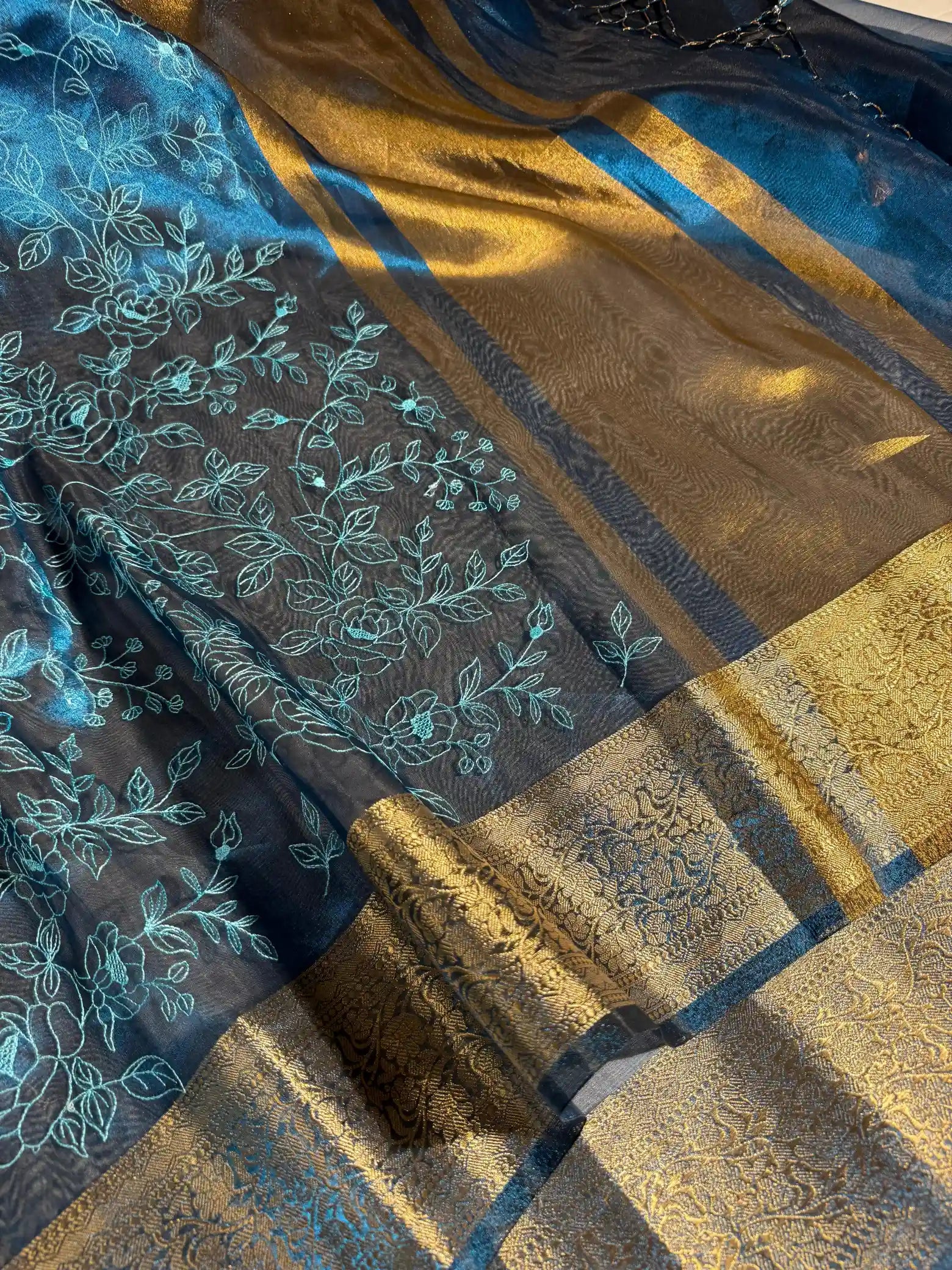 Emerald Blue Chikankari Embroidered Tissue Silk Banarasi Saree