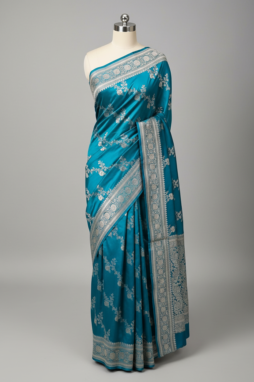 Emerald Blue Mashru Silk Intricate Floral Banarasi Saree