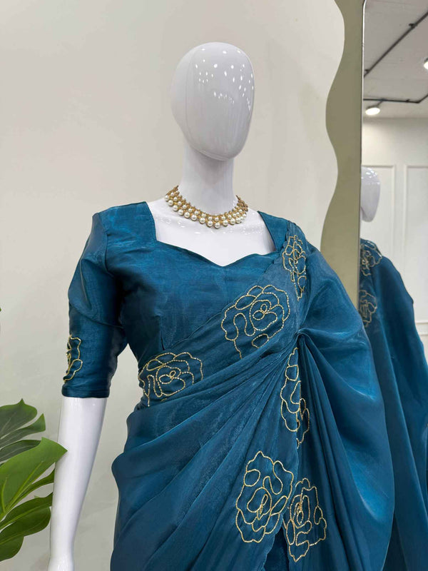 Emerald Blue Shimmery Tissue Silk Designer Saree