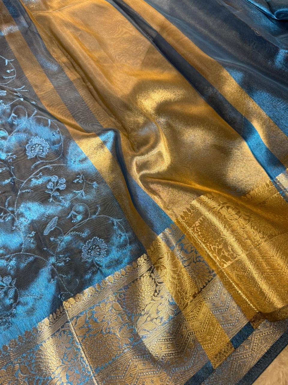 Emerald Blue Soft Tissue Silk Chikankari Embroidered Banarasi Saree 