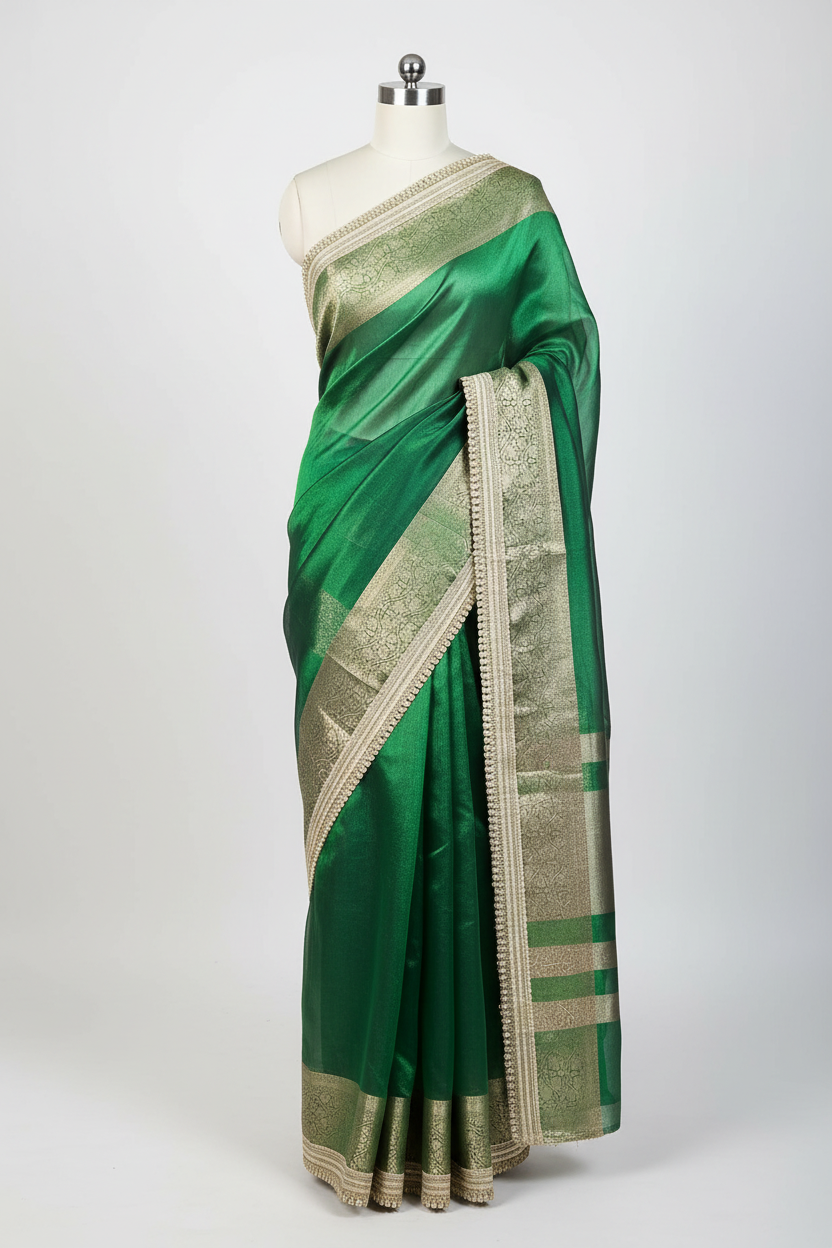 Emerald Green Tissue Silk Moti Lace Work Banarasi Saree