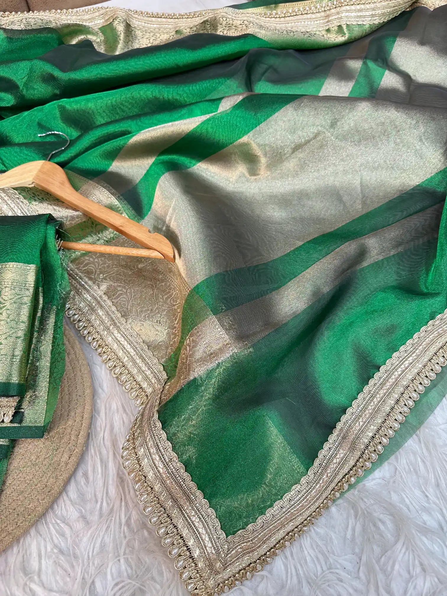 Emerald Green Tissue Silk Moti Lace Work Banarasi Saree