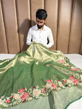 Emerald Green Tissue Silk Crochet Embroidery and Cutwork Banarasi Saree 