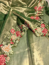 Emerald Green Tissue Silk Crochet Embroidery and Cutwork Banarasi Saree