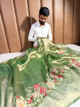 Emerald Green Tissue Silk Crochet Embroidery and Cutwork Banarasi Saree
