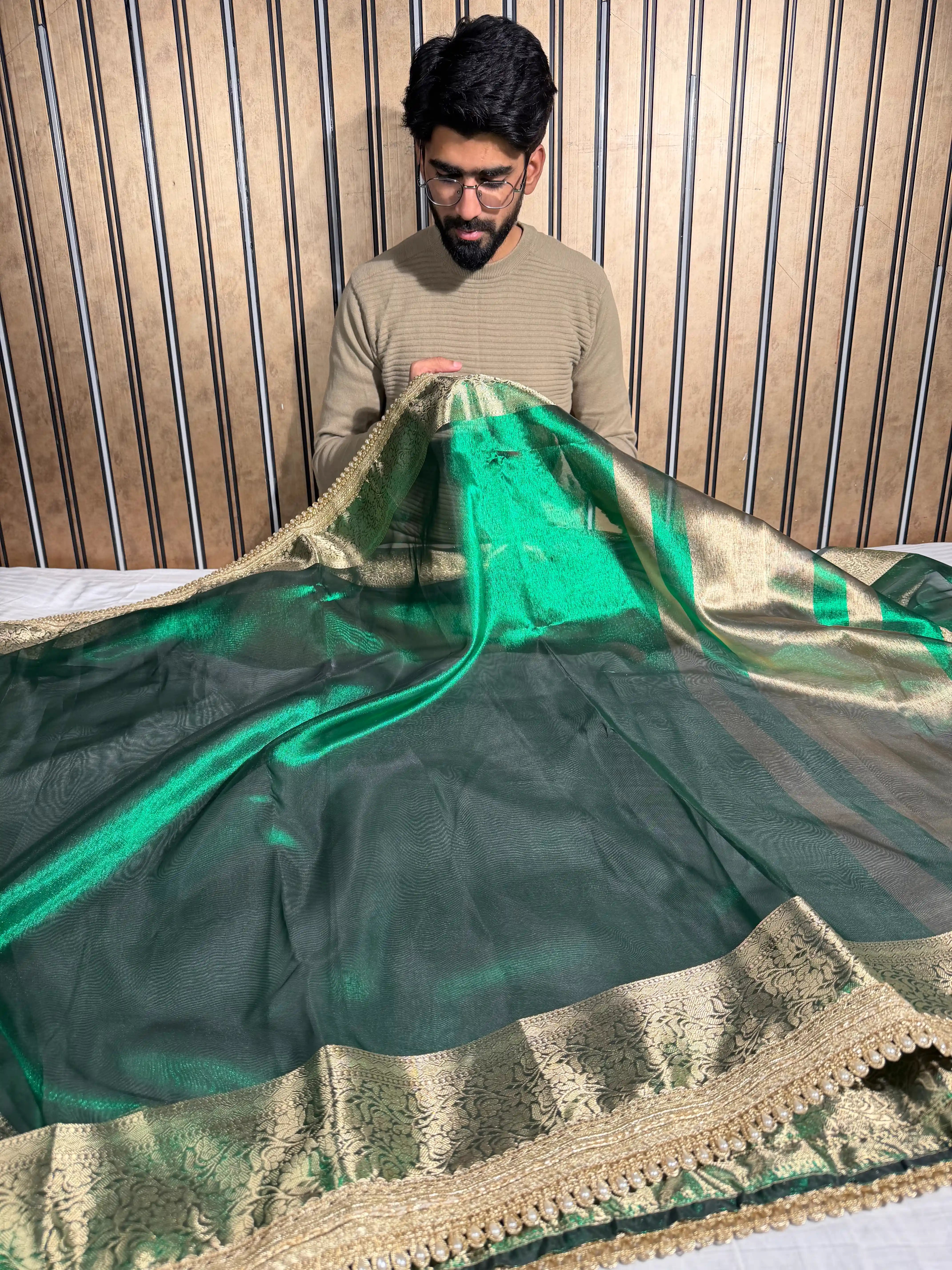 Emerald Green Tissue Silk Moti Lace Work Banarasi Saree