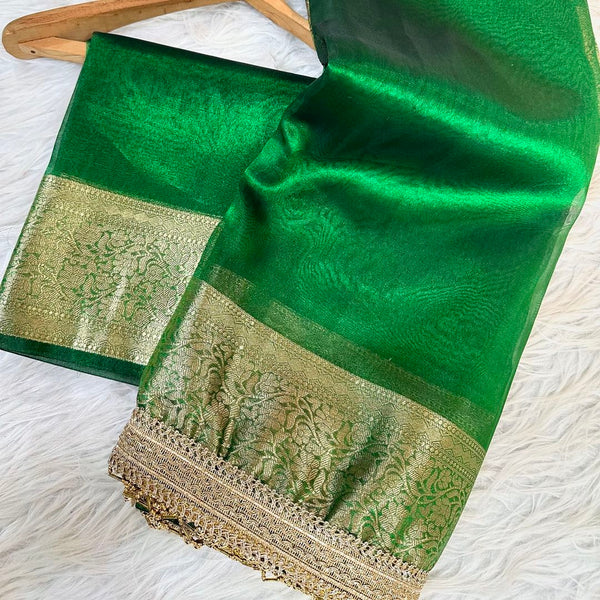 Emerald Green Glass Tissue Silk Banarasi Saree