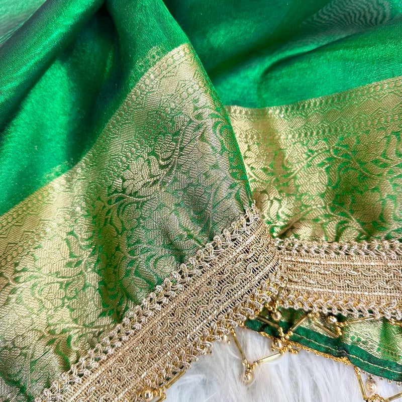 Emerald Green Glass Tissue Silk Banarasi Saree