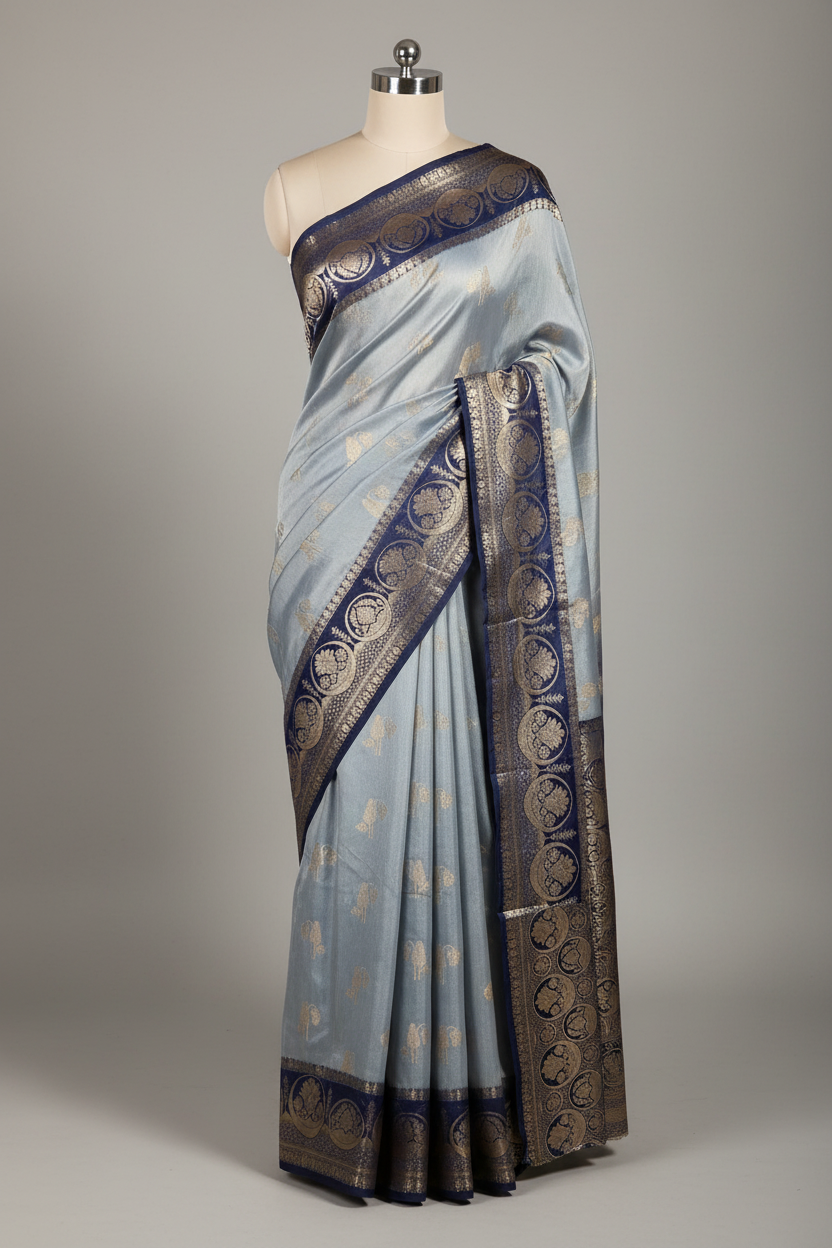 English shade banarasi georgette tissue silk saree with rich pallu and blouse