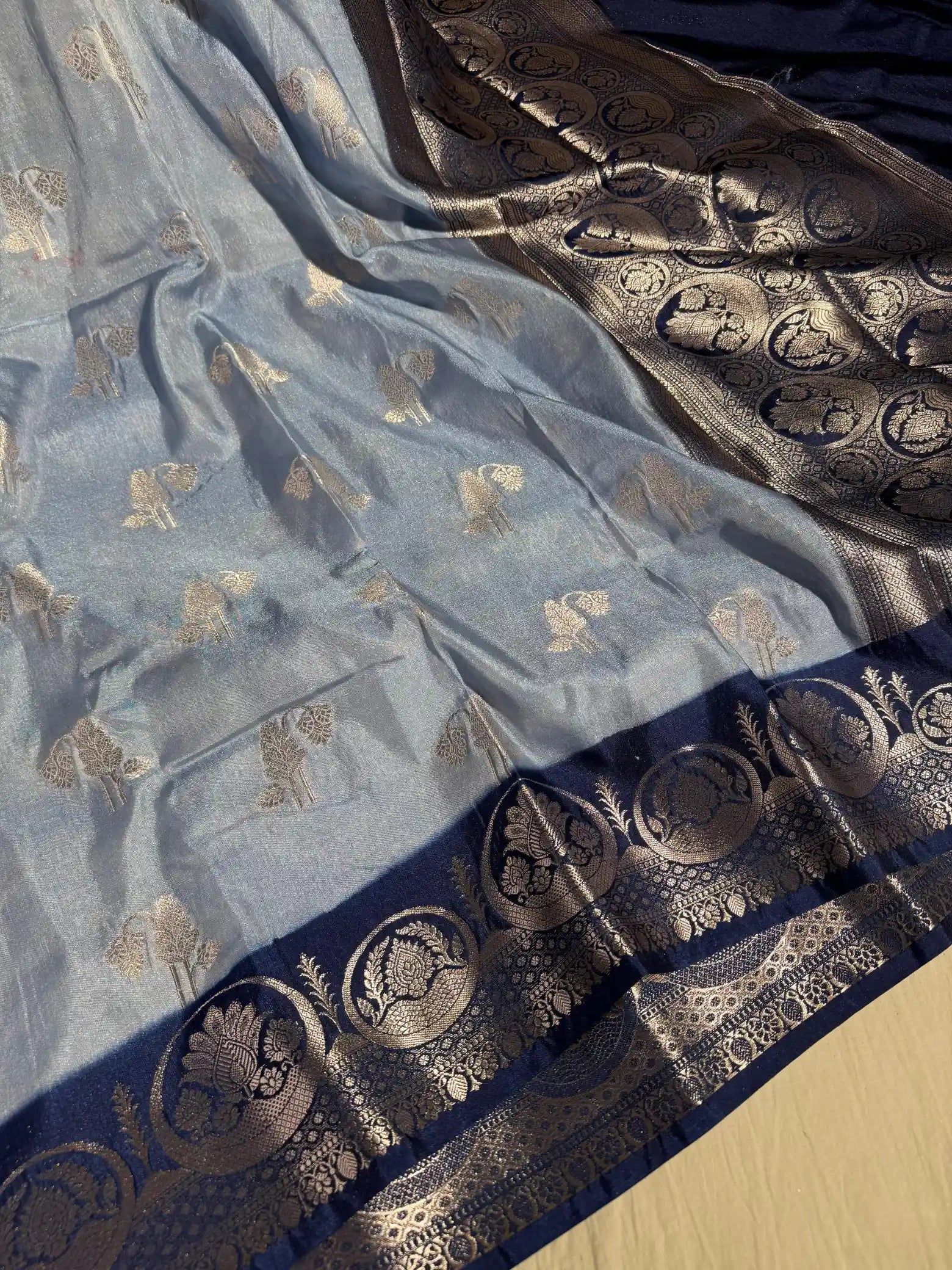 English shade banarasi georgette tissue silk saree with rich pallu and blouse
