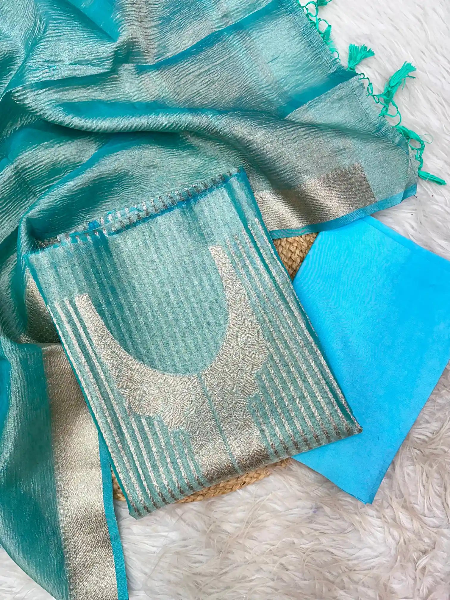 Exclusive Blue Colour Tissue Silk Suit