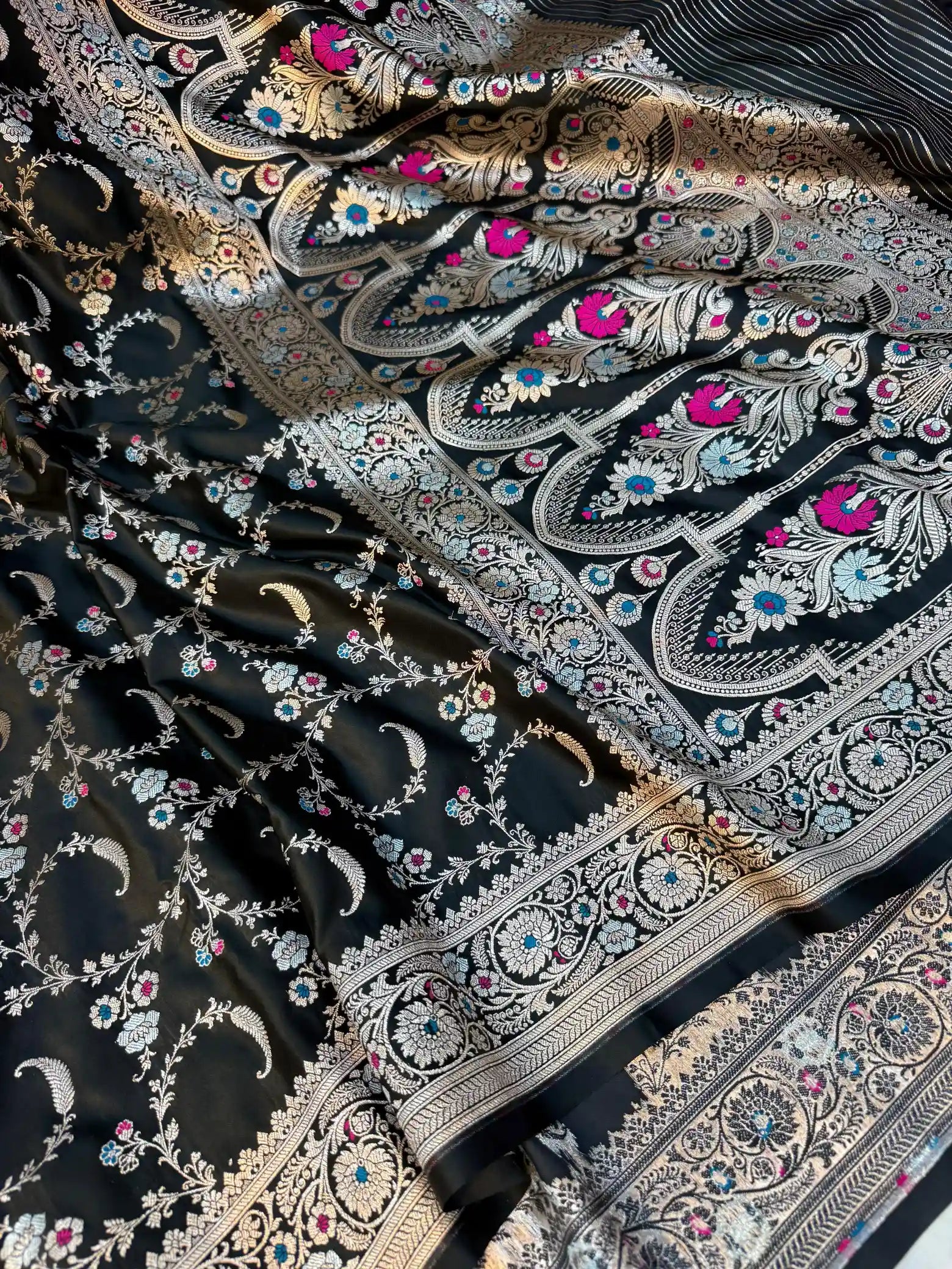 Exclusive Intricate Meenakari Mashru Katan Silk Banarasi Saree in Jet Black Shade