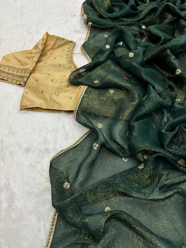 Exclusive Bottle Green Shade Shimmery Tissue Silk Saree