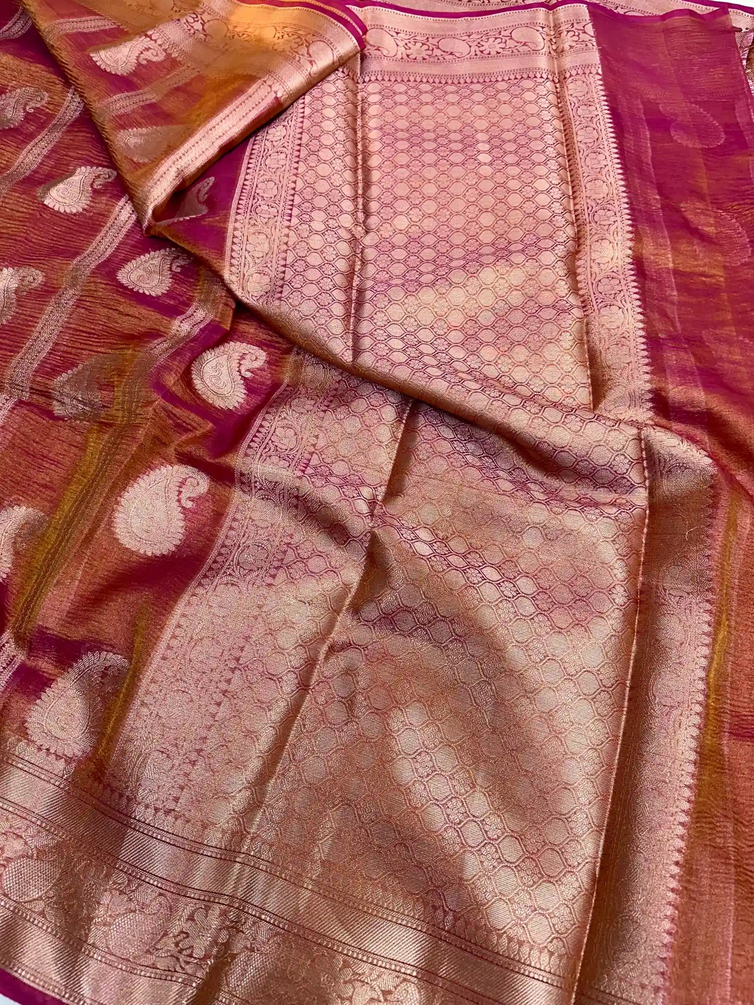Exclusive Mauve Pink Crush Tissue Silk Banarasi Saree