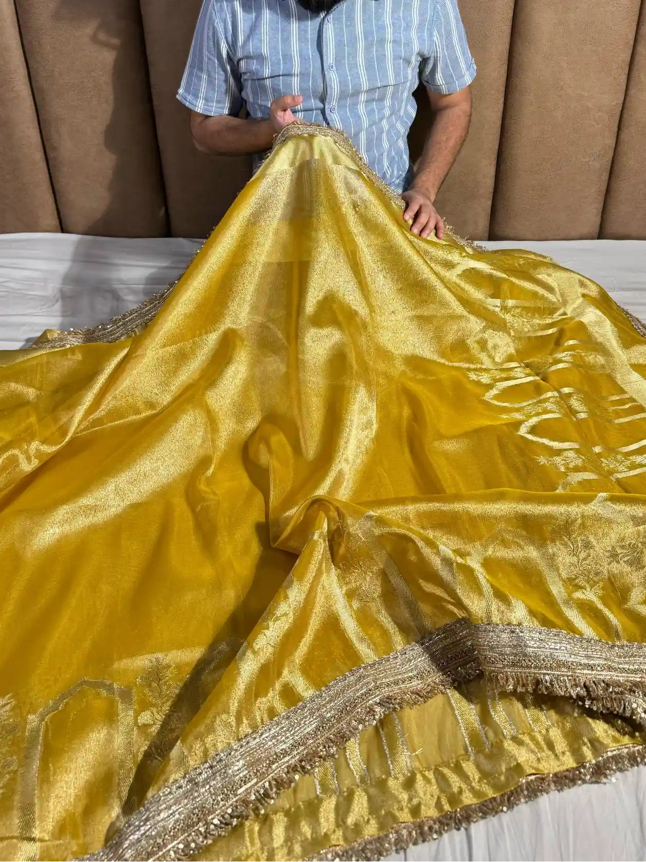 Excusite Yellow Tissue Silk Saree with Heeramandi Lace 