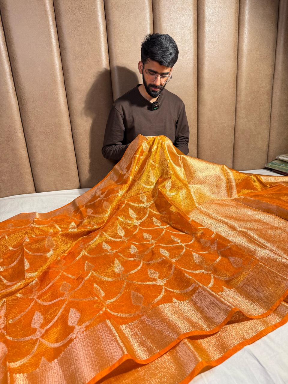 Eye Catching Light Orange Crushed Tissue Silk Banarasi Saree