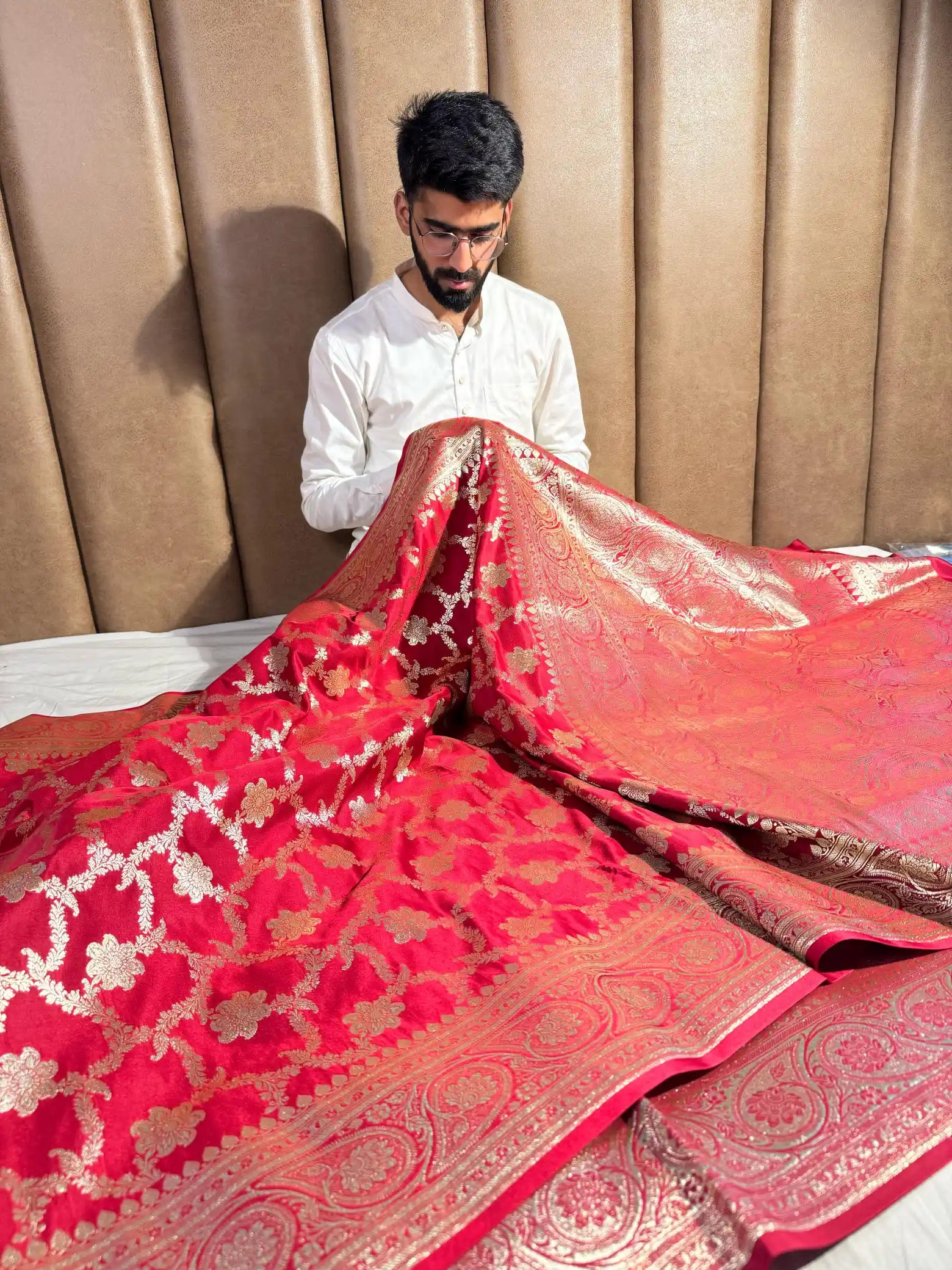 Eye Soothing Bridal Red Satin Silk Banarasi Saree