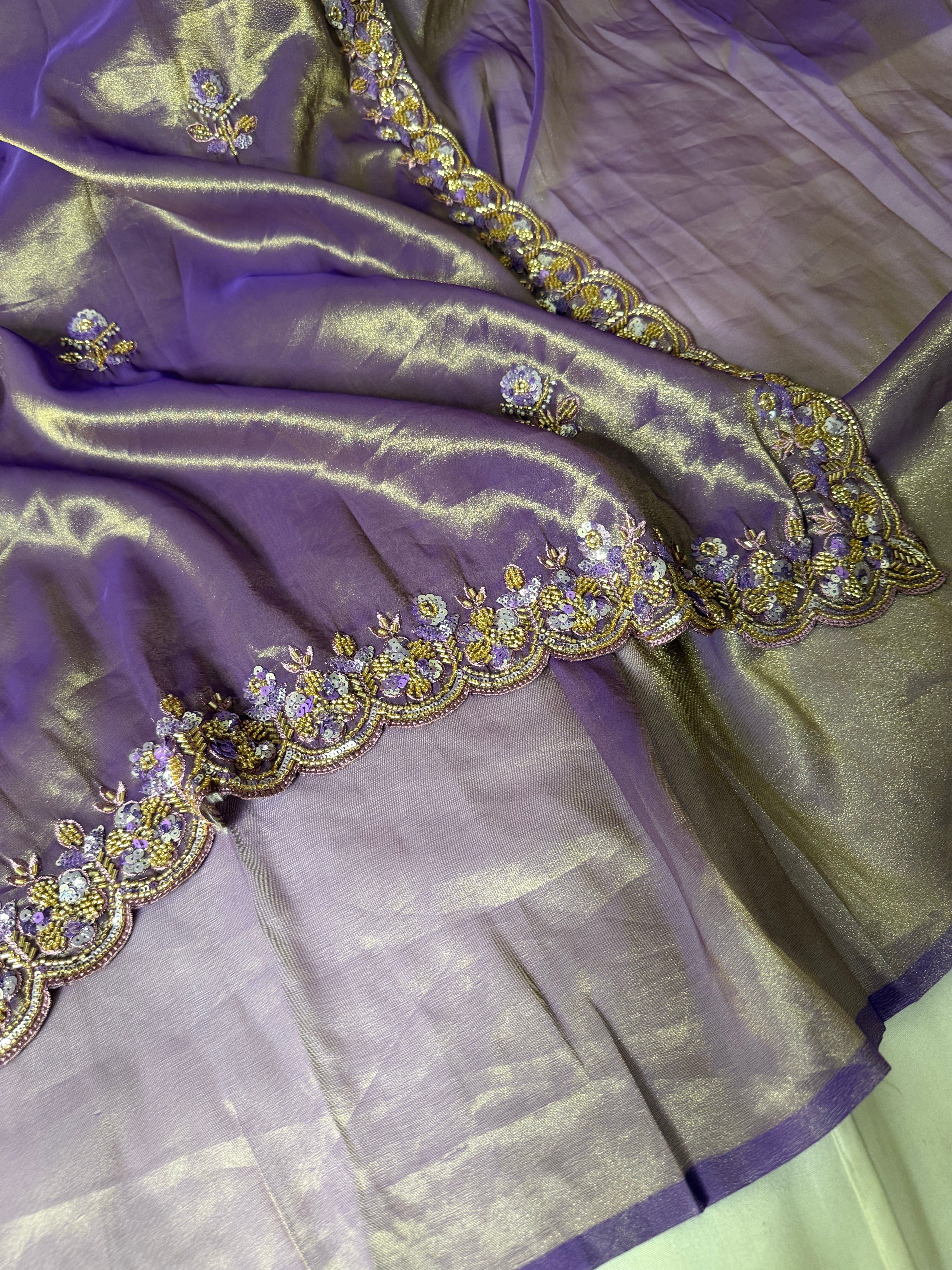 Dark Lavender Tissue Silk Banarasi Saree with Intricate Handwork and Scallop Borders