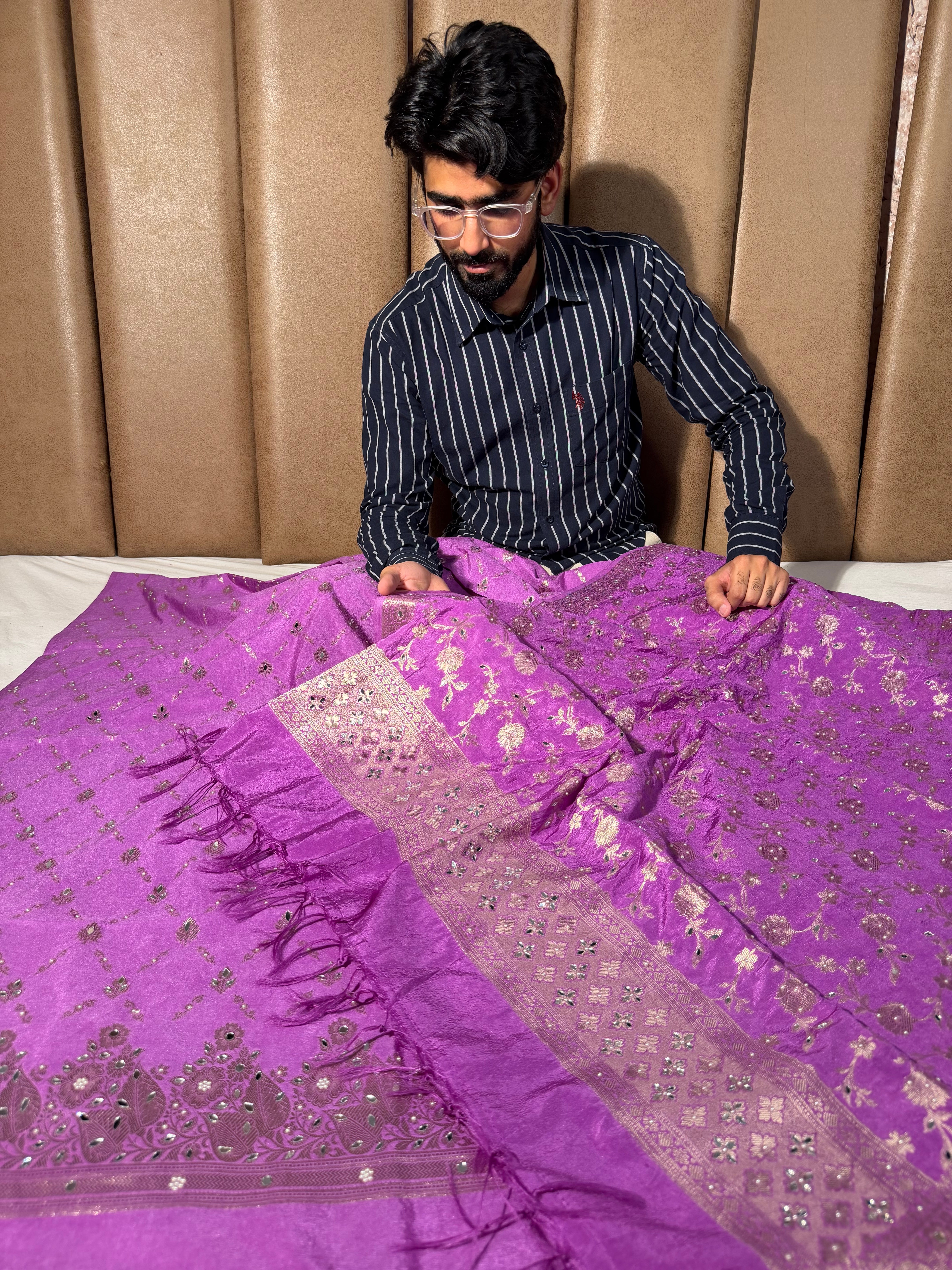 Pretty Lavender Chinia Silk Banarasi Mirror Work Suit