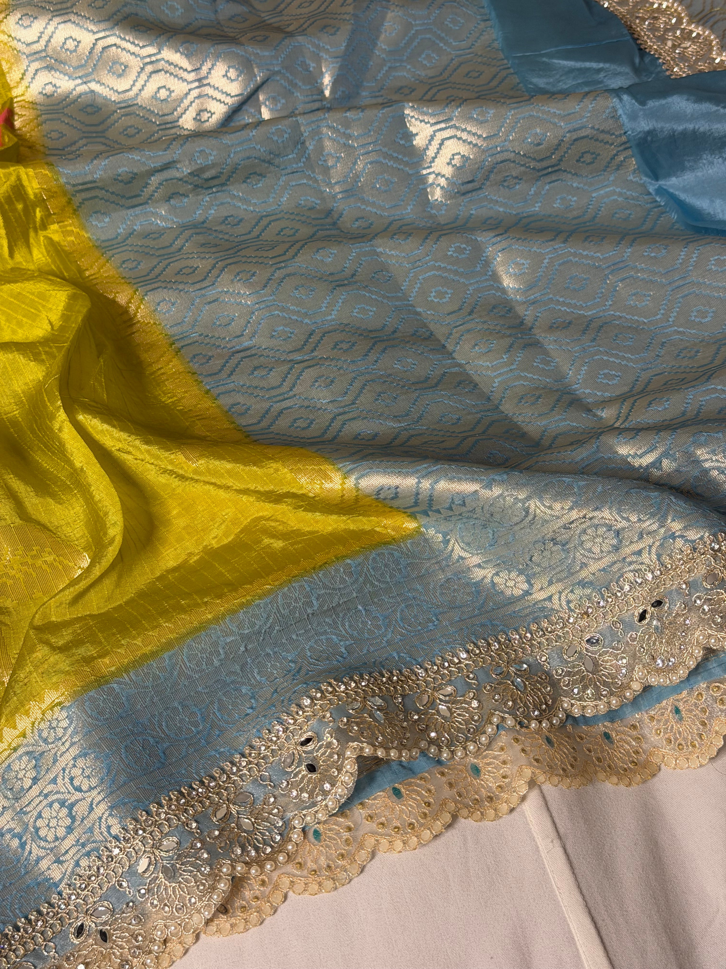 Green Firozi Premium Dupion Silk Lace Work Banarasi Saree