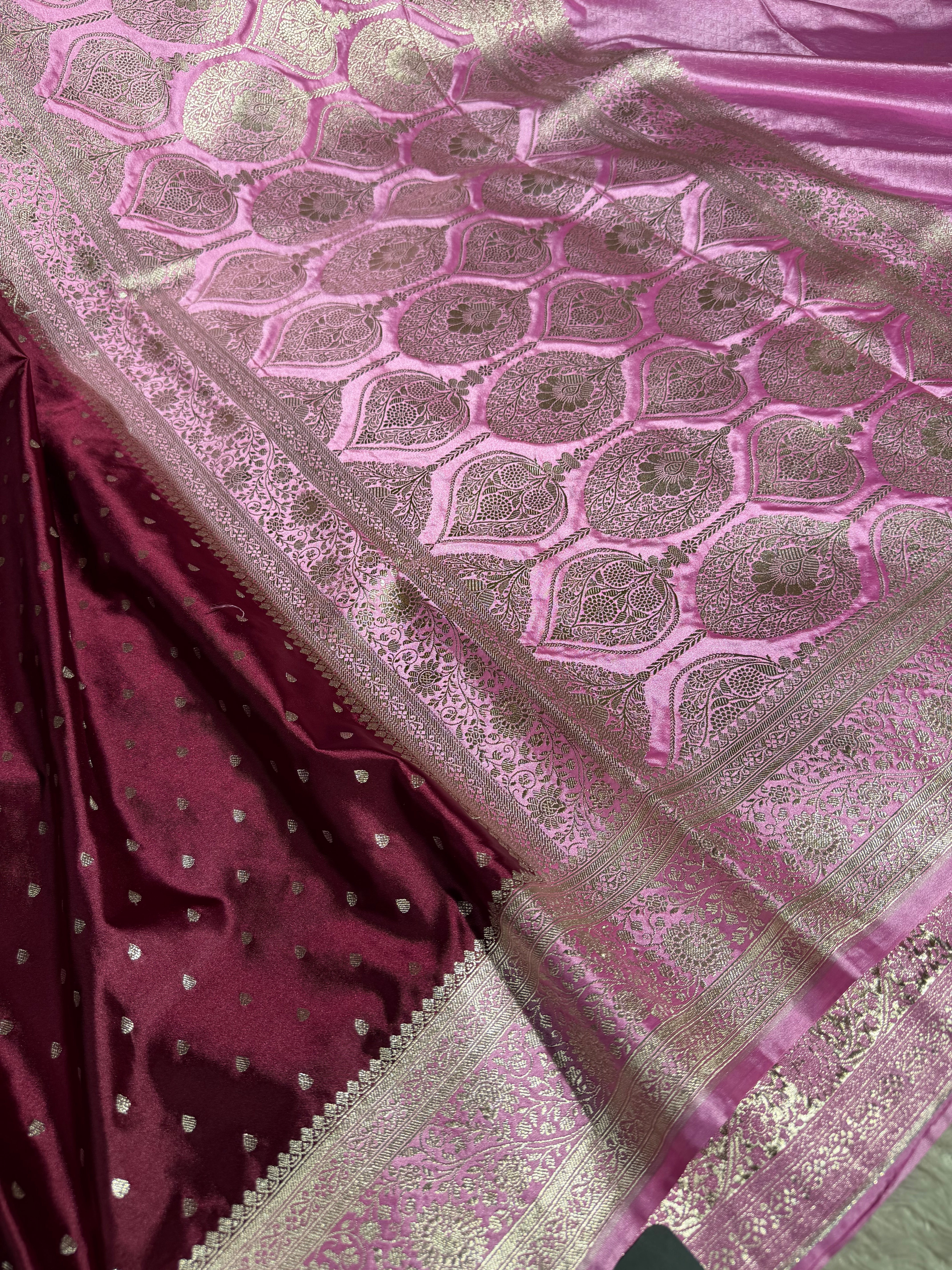 Wine-Pink  Mashru Katan Silk Zari Buti Weave Banarasi Saree