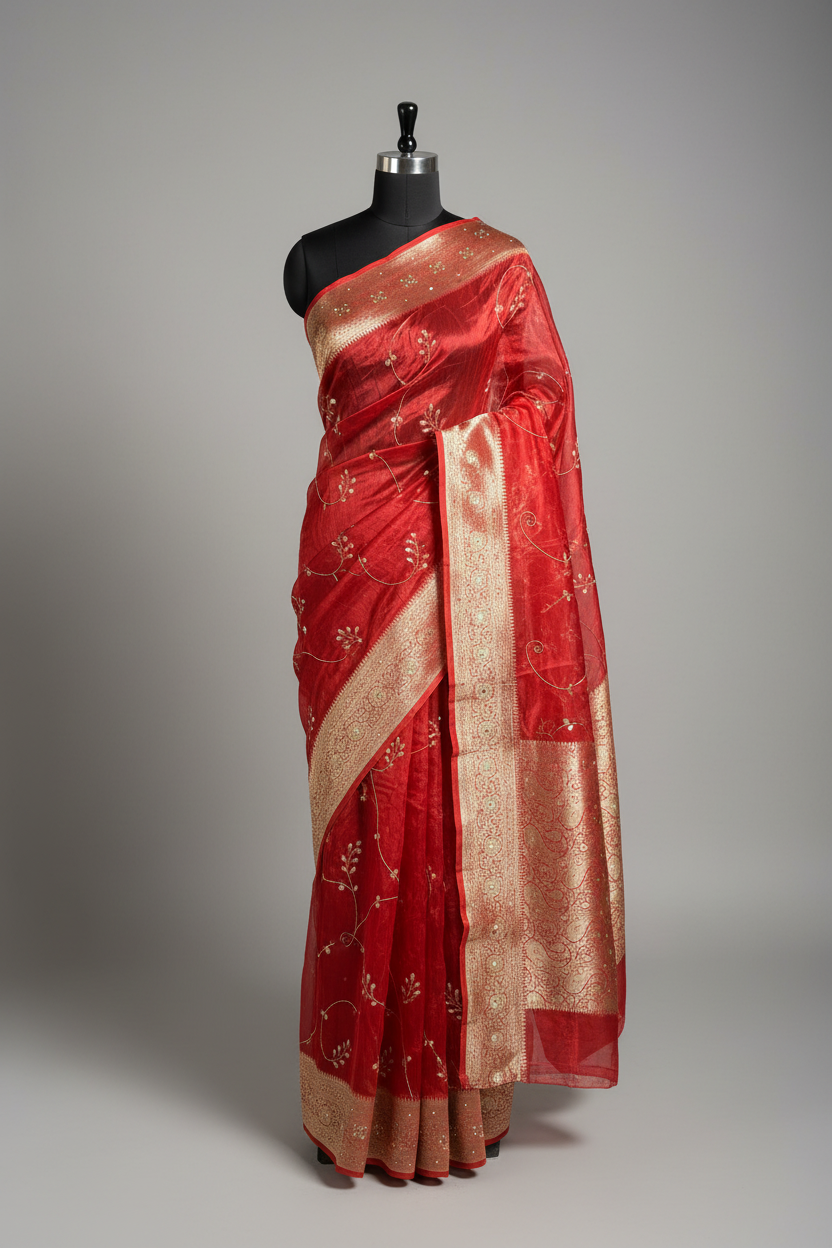 Carmine Red Pure Tissue Silk premium Handwork Saree