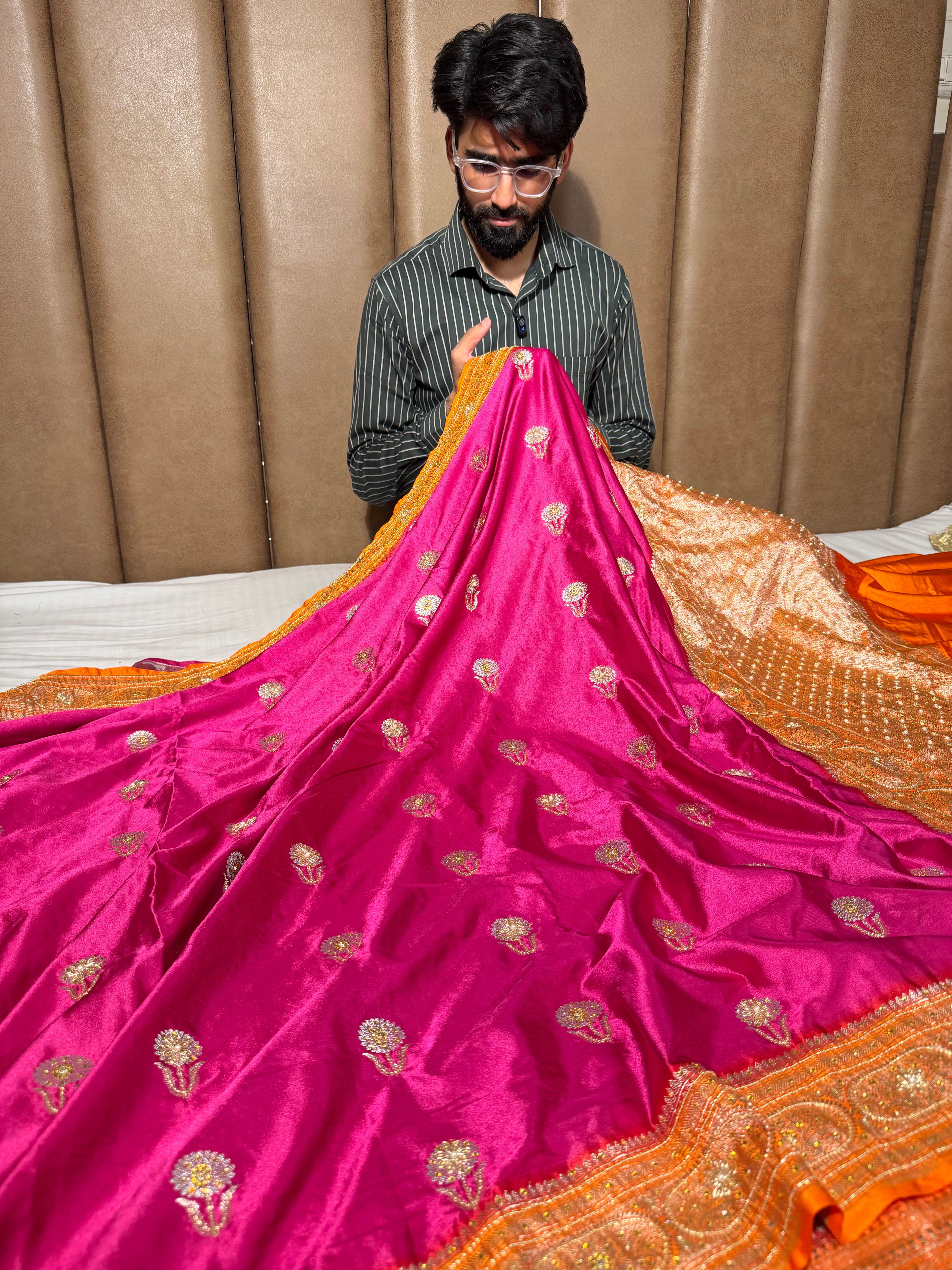 Rani Orange Mashru Katan Premium Handwork Saree