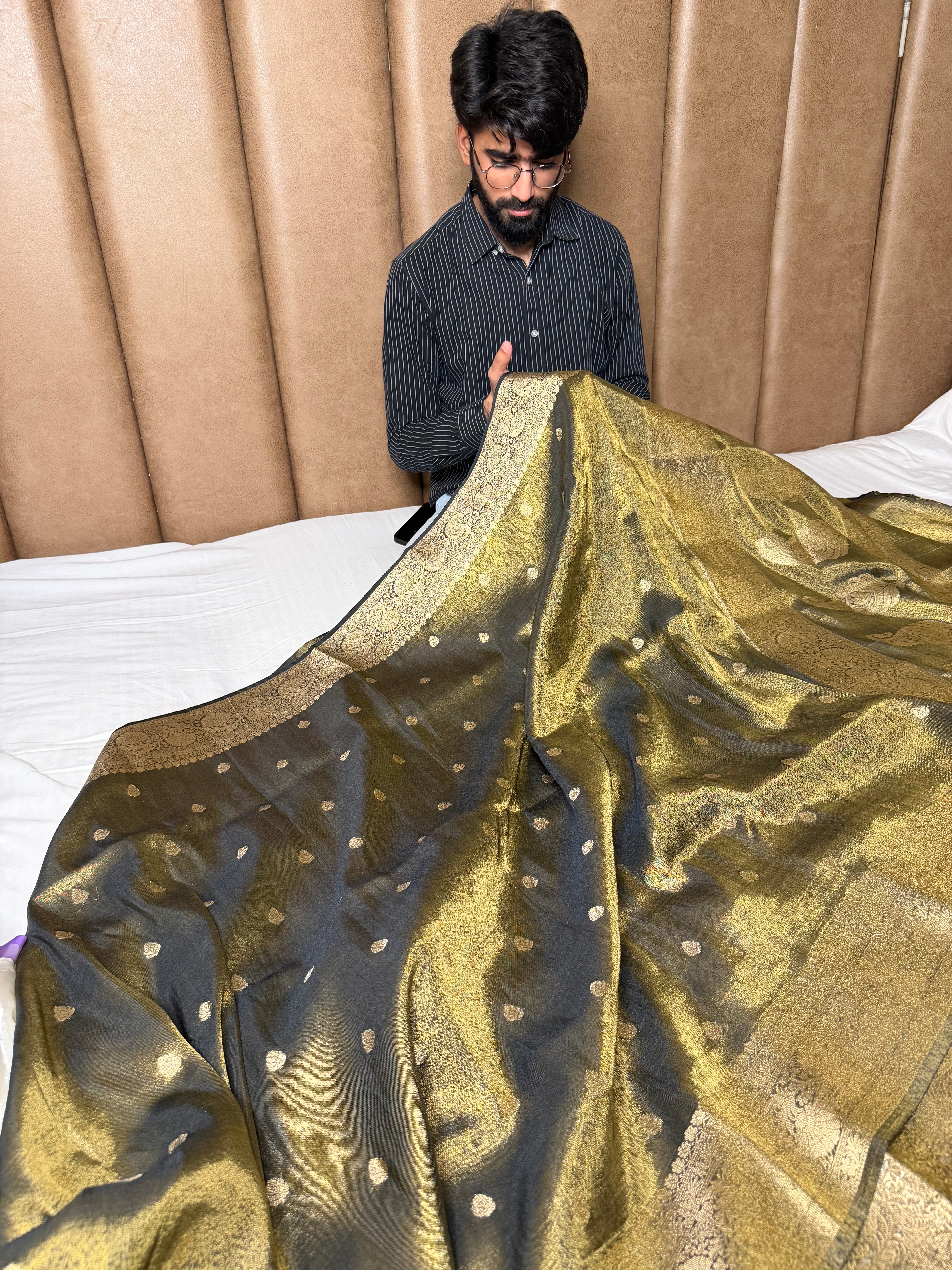Ash Brown Premium Katan Tissue Banarasi Saree