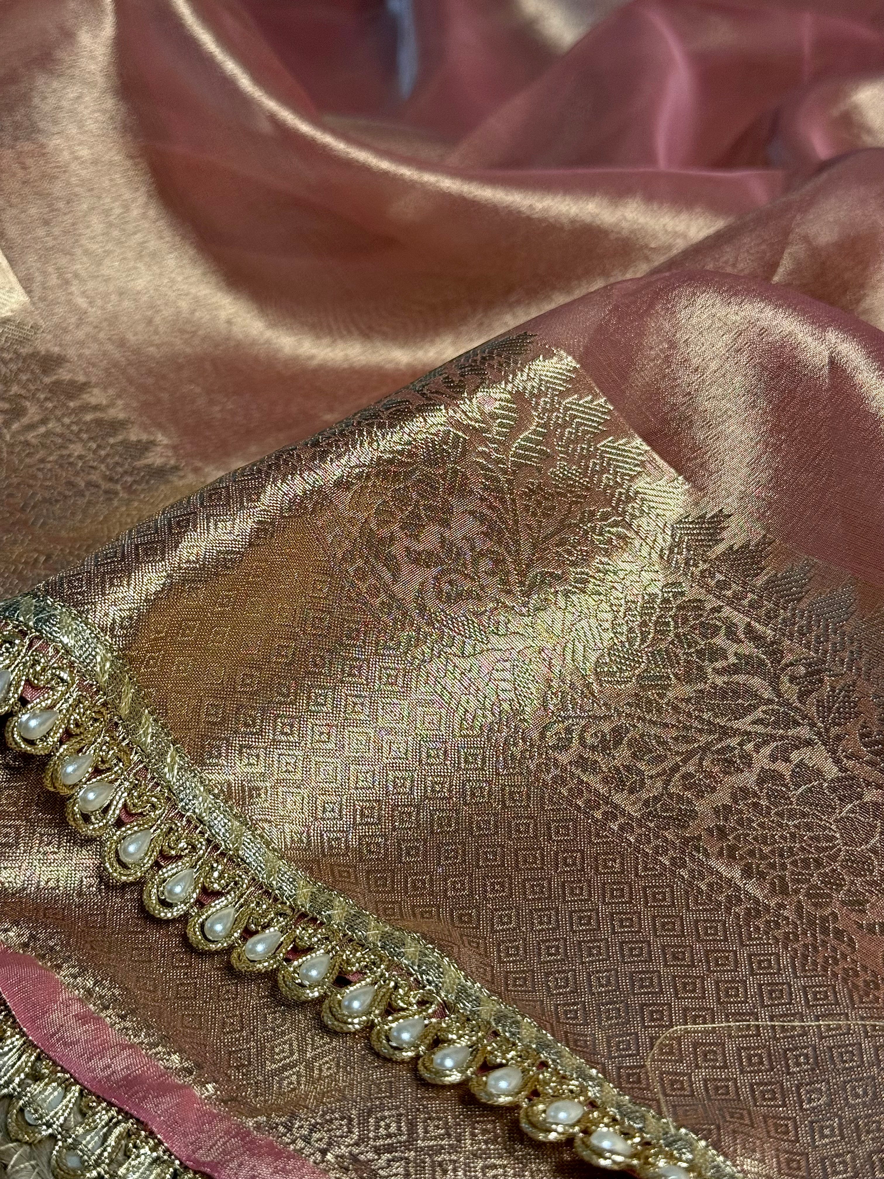 Mauve Pink Glass Tissue Silk Designer Banarasi Saree