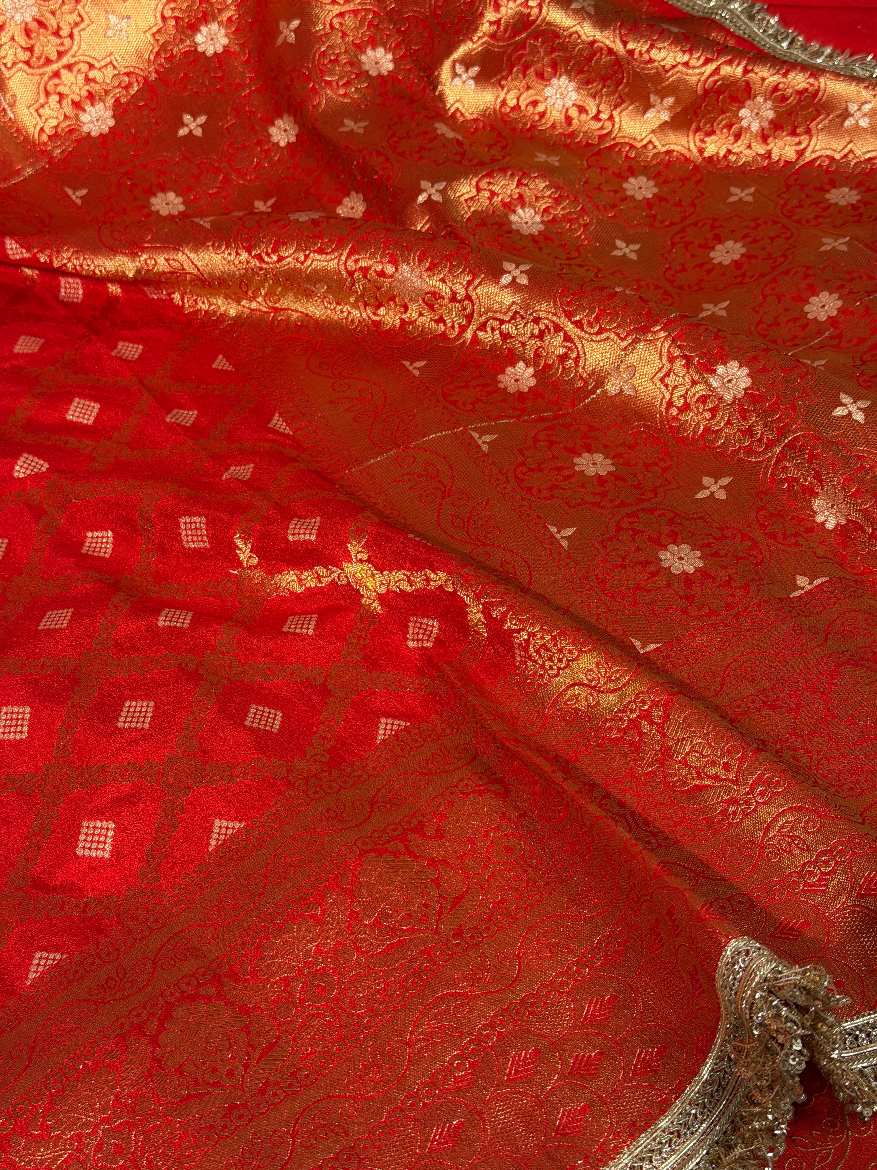 Bridal Red Chiniya Silk Lace Attached Banarasi Saree