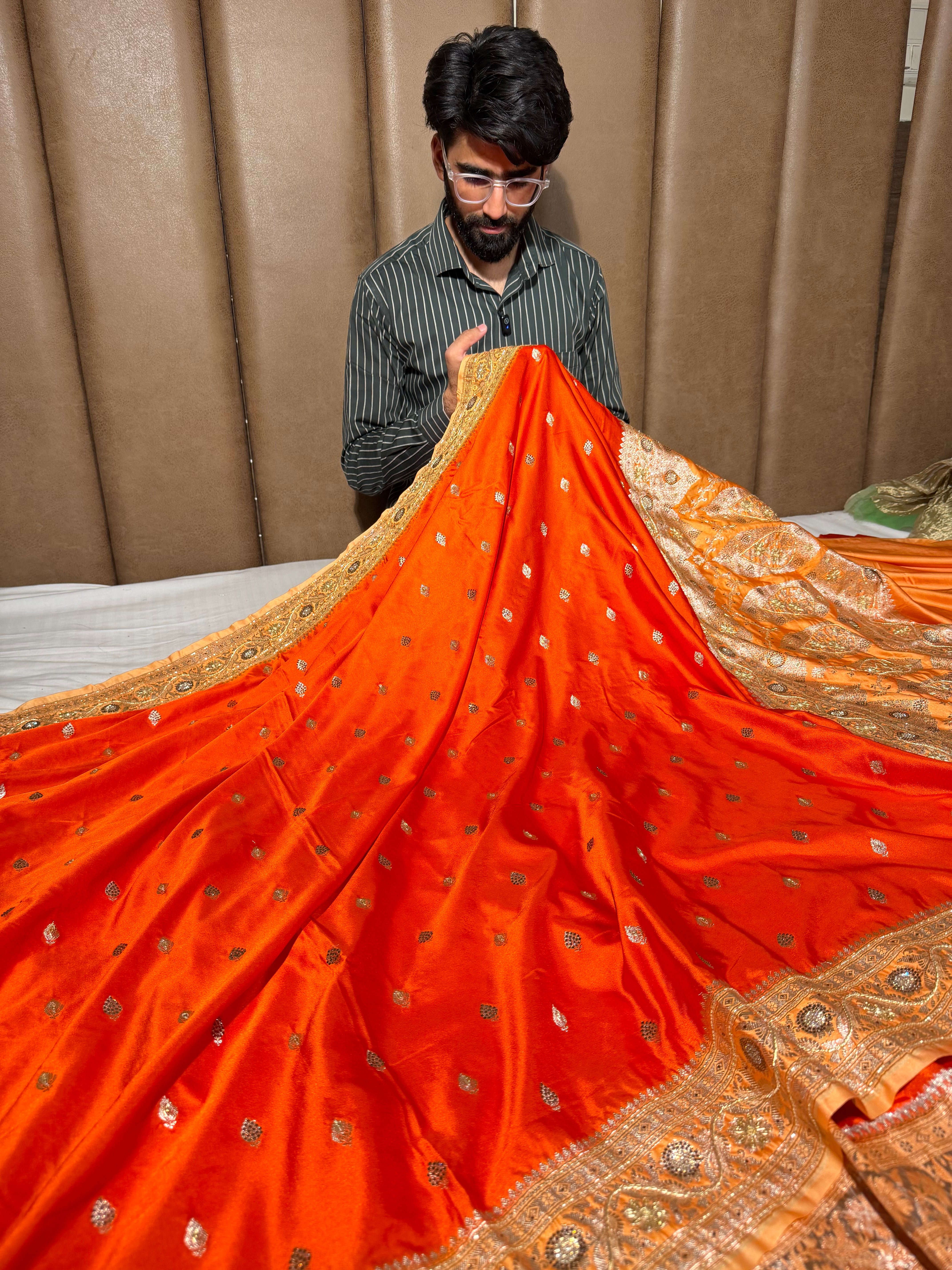 Bright Orange Mashru Katan Premium Handwork Saree