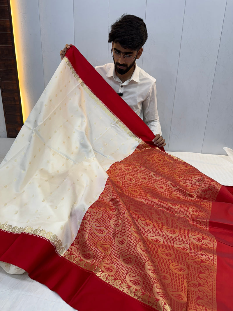 White Red Softsilk Banarasi Saree