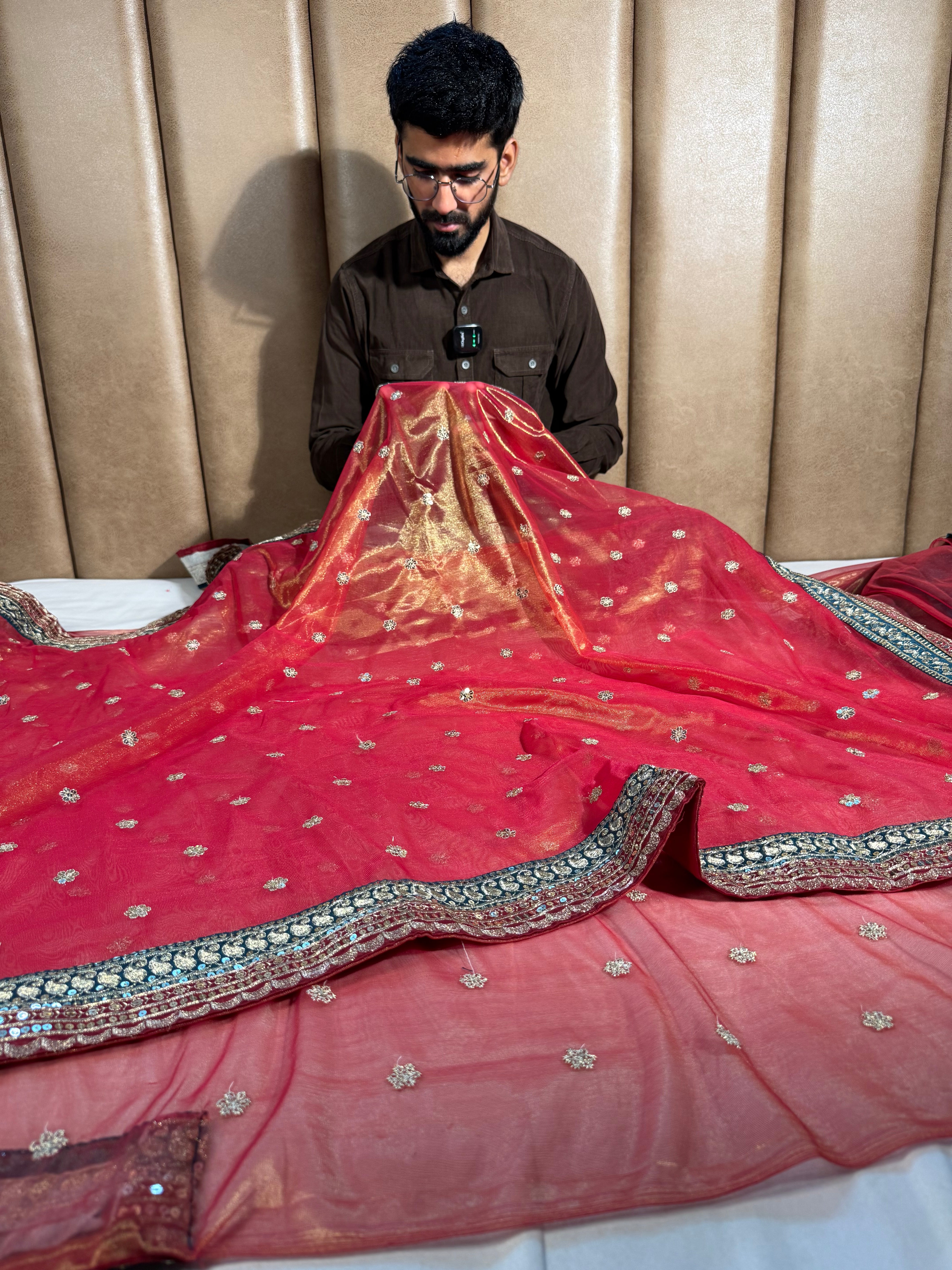 Bridal Peach Orange Shimmery Tissue Designer Saree
