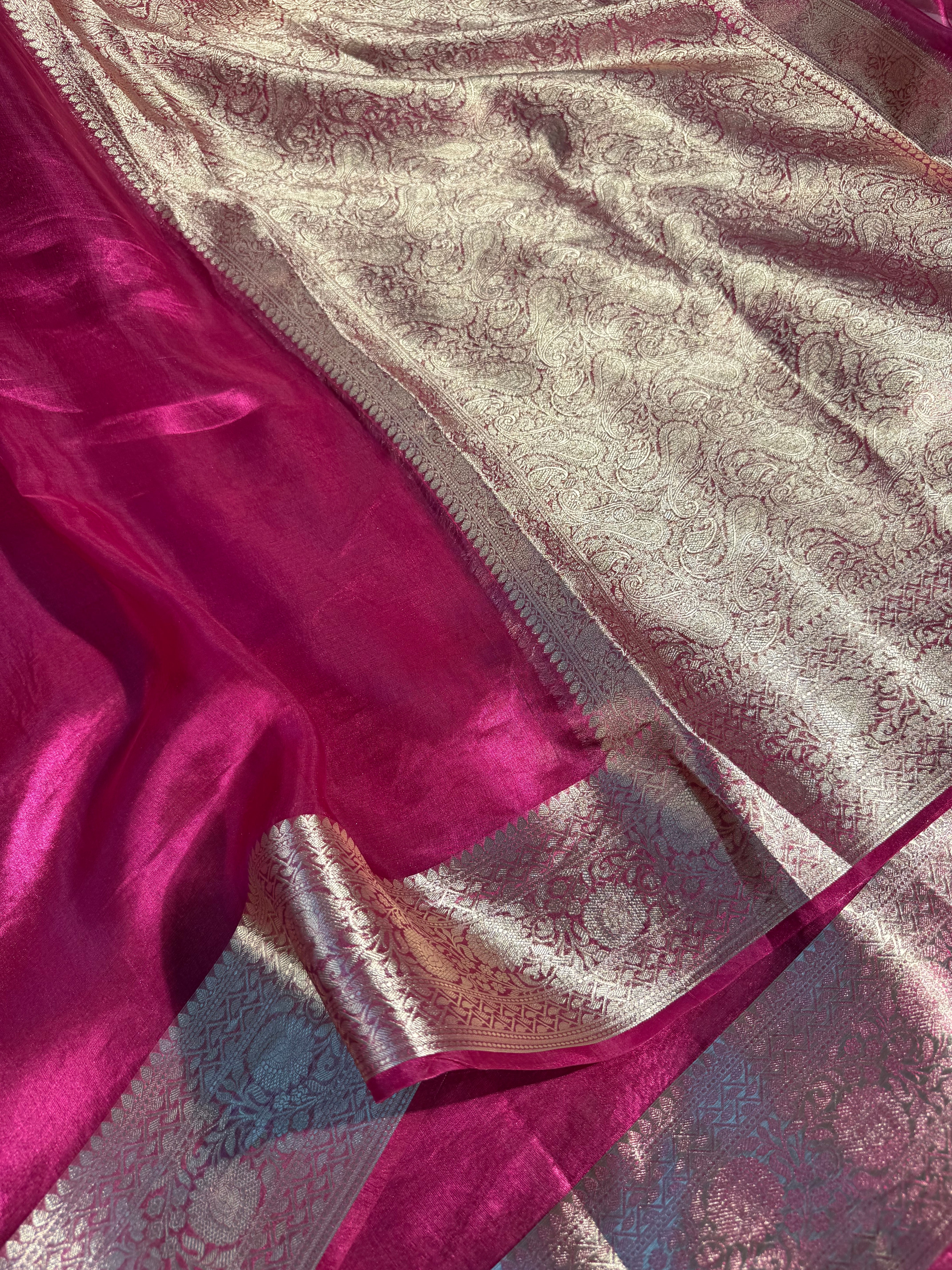 Metallic Rani Pink Pure Tissue Silk Border Saree
