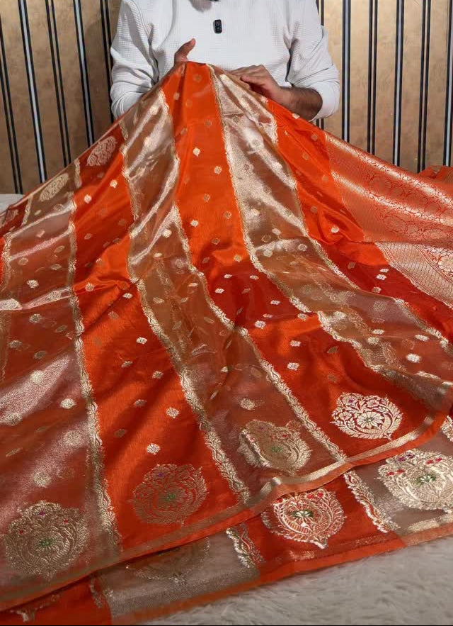 Fanta Orange Chinia Tissue Silk Heritage Weave Banarasi Saree