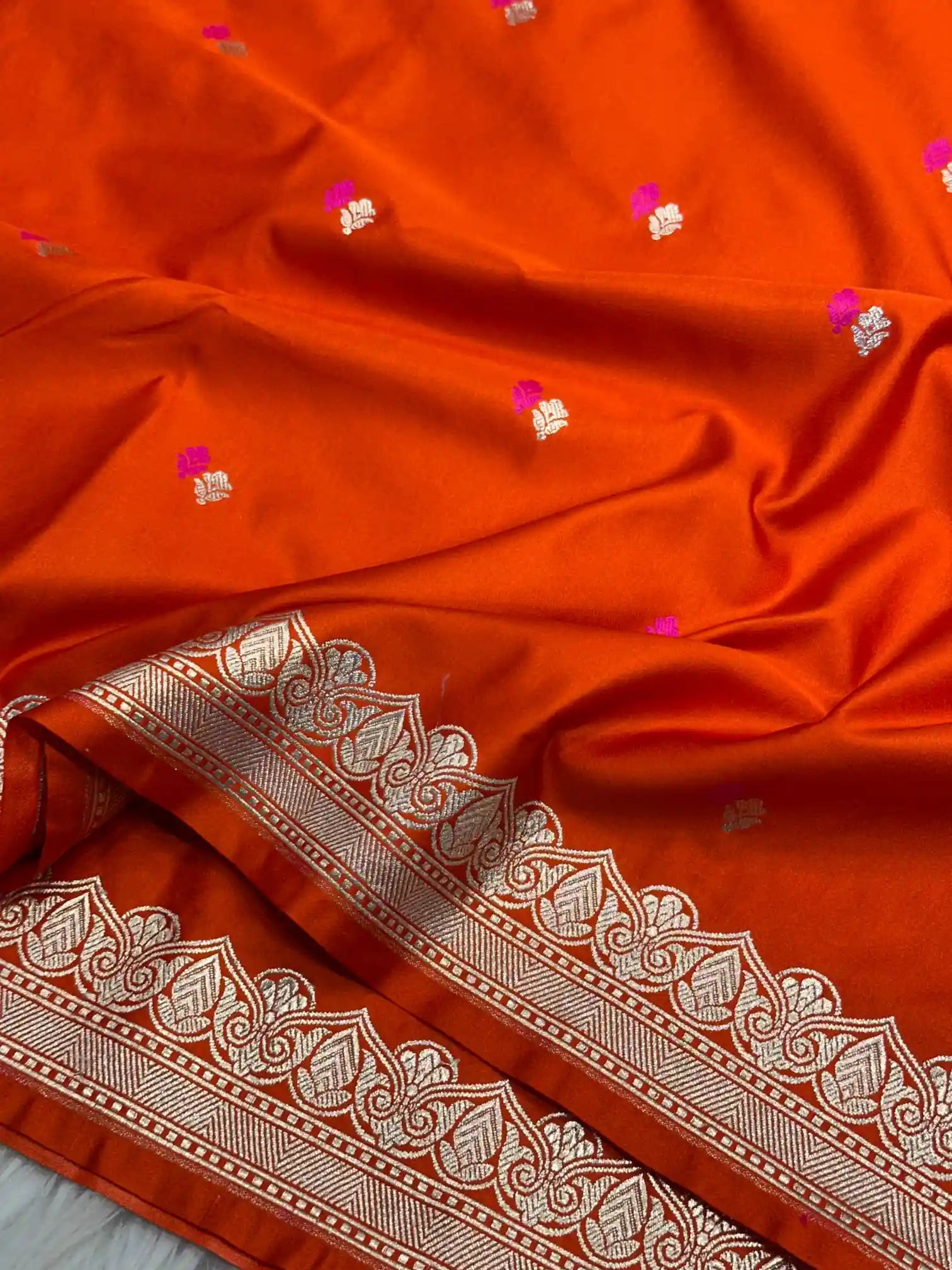 Fanta Orange Pretty Motifs Weave Mashru Silk Saree