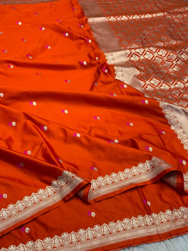 Fanta Orange Pretty Motifs Weave Mashru Silk Saree