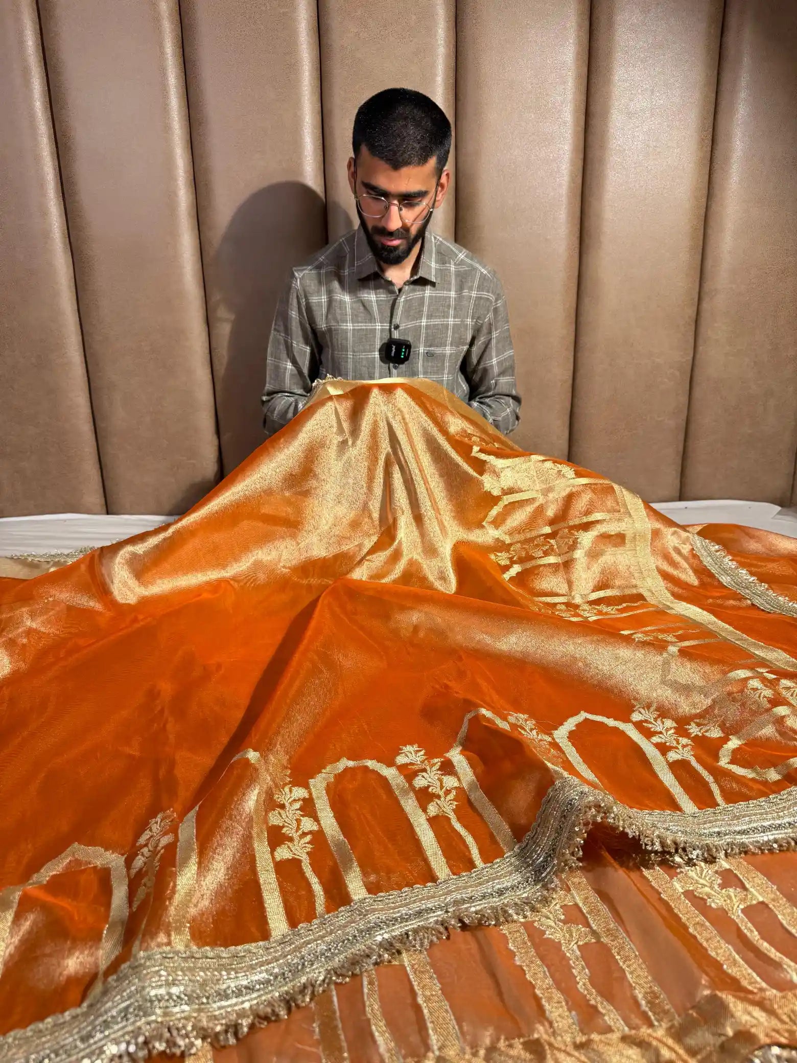 Fanta Orange Tissue Silk Heavy Lace Attached Banarasi Saree