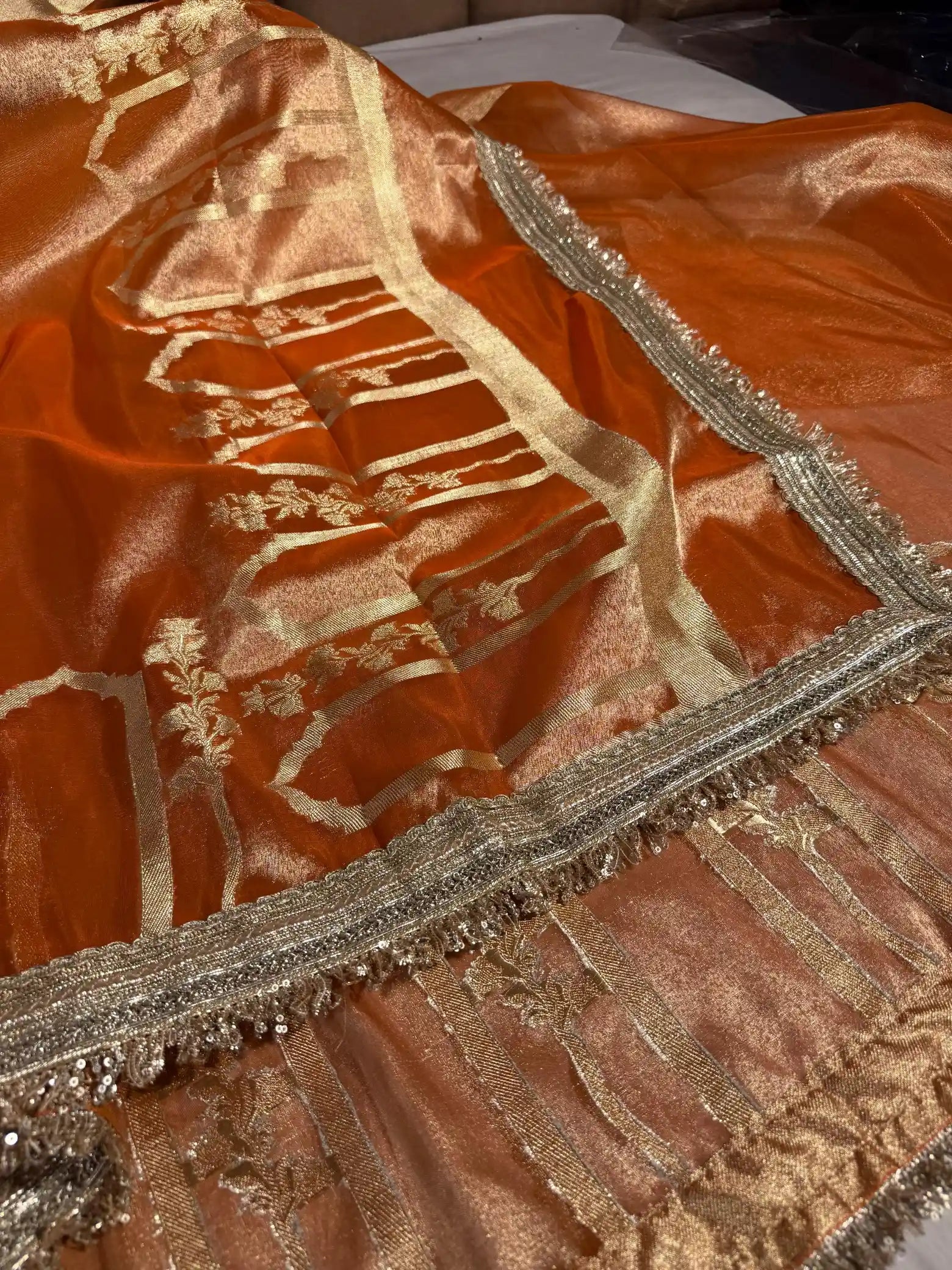 Fanta Orange Tissue Silk Heavy Lace Attached Banarasi Saree