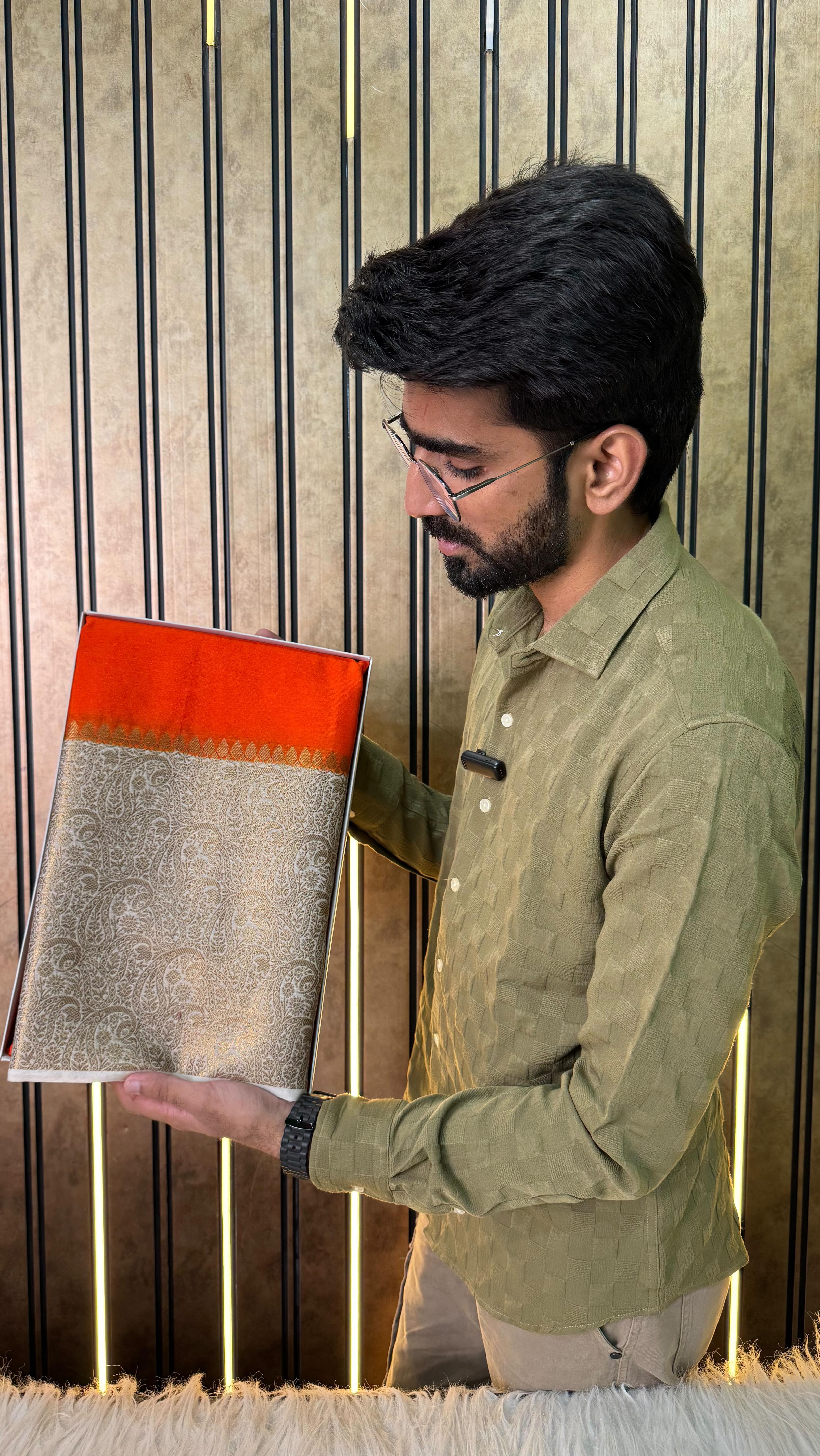 Fanta Orange Warm Silk Kaat Bandh Banarasi Saree
