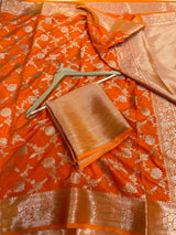 Fanta Orange Chiniya Silk Golden Zari Floral Weave Banarasi Saree