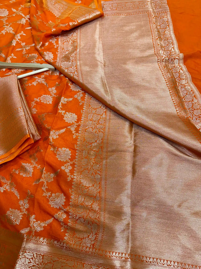 Fanta Orange Chiniya Silk Golden Zari Floral Weave Banarasi Saree