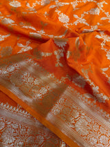 Fanta Orange Chiniya Silk Golden Zari Floral Weave Banarasi Saree