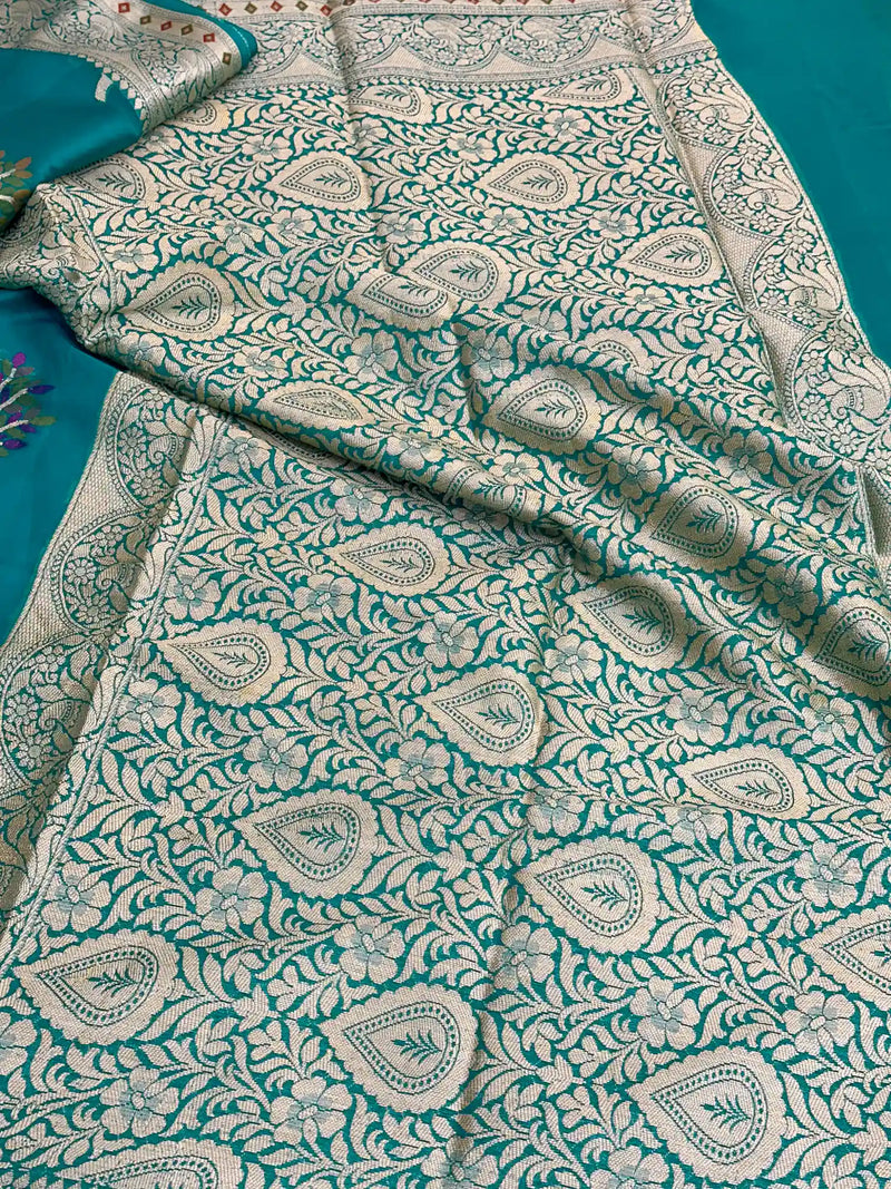 Firozi Blue Chiffon Khaddi Buta Banarasi Saree